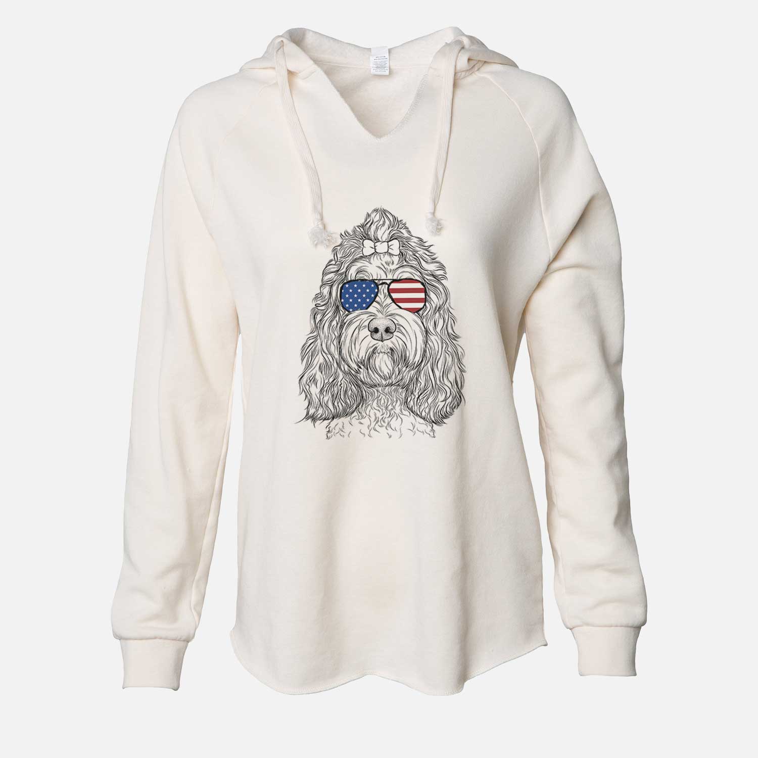 Hand-drawn sketch of Chloe the Cockapoo wearing American flag sunglasses on a Bone Cali Wave Hooded Sweatshirt