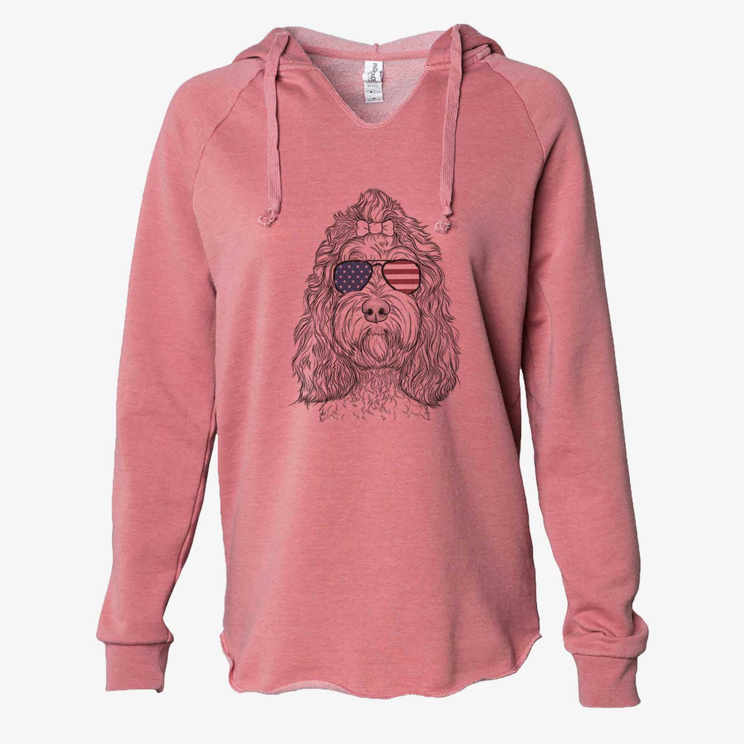 Hand-drawn sketch of Chloe the Cockapoo wearing American flag sunglasses on a Dusty Rose Cali Wave Hooded Sweatshirt