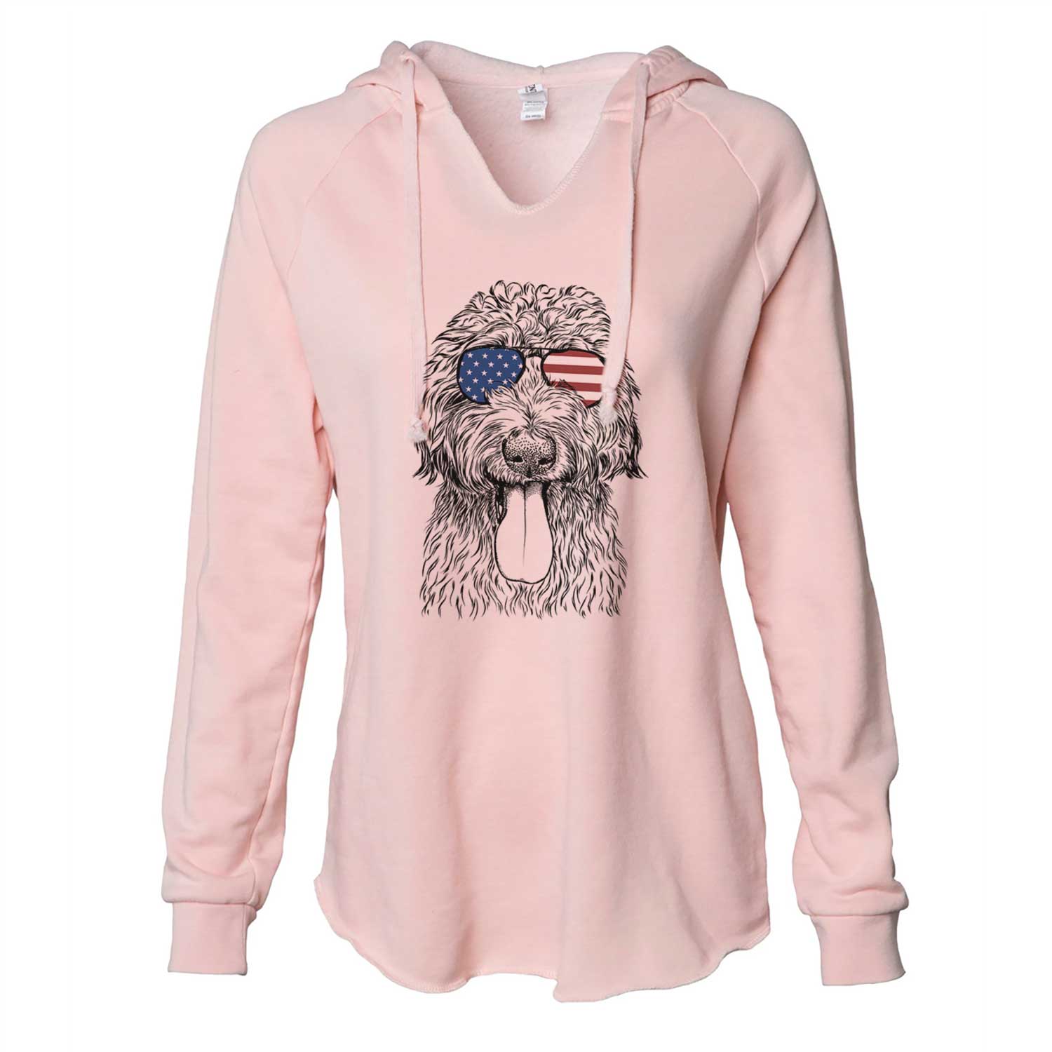 Hand-drawn sketch of CiCi Paulk the Aussiedoodle wearing American flag sunglasses on a Blush Cali Wave Hooded Sweatshirt