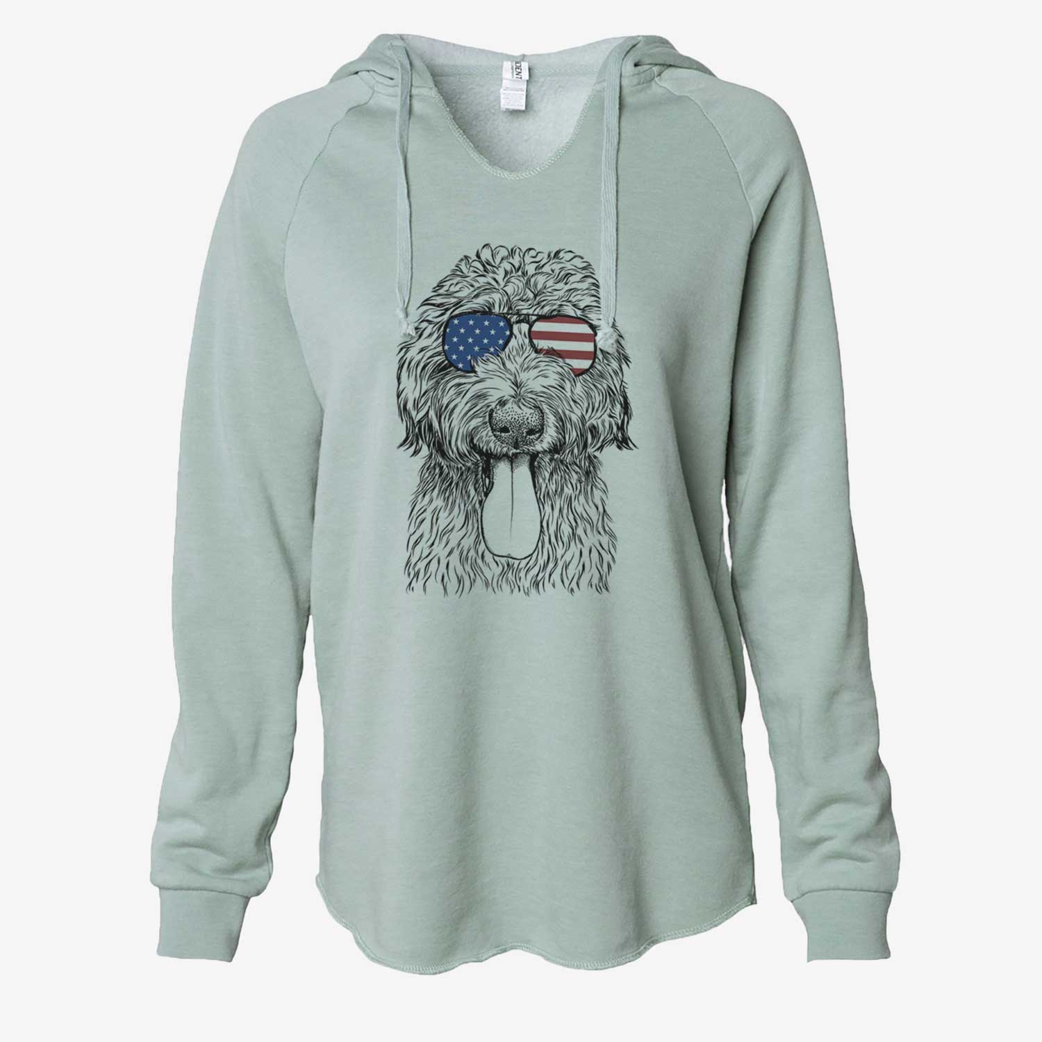 Hand-drawn sketch of CiCi Paulk the Aussiedoodle wearing American flag sunglasses on a Sage Cali Wave Hooded Sweatshirt