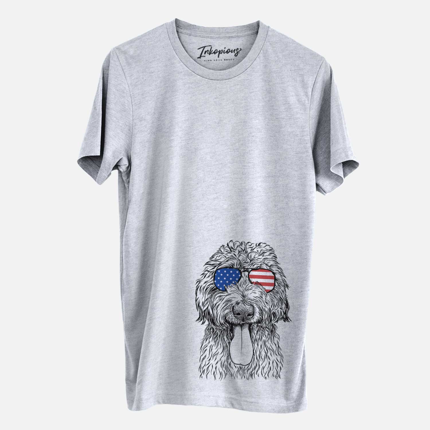 Hand-drawn sketch of CiCi Paulk the Aussiedoodle wearing American flag sunglasses on a Grey Unisex crewneck
