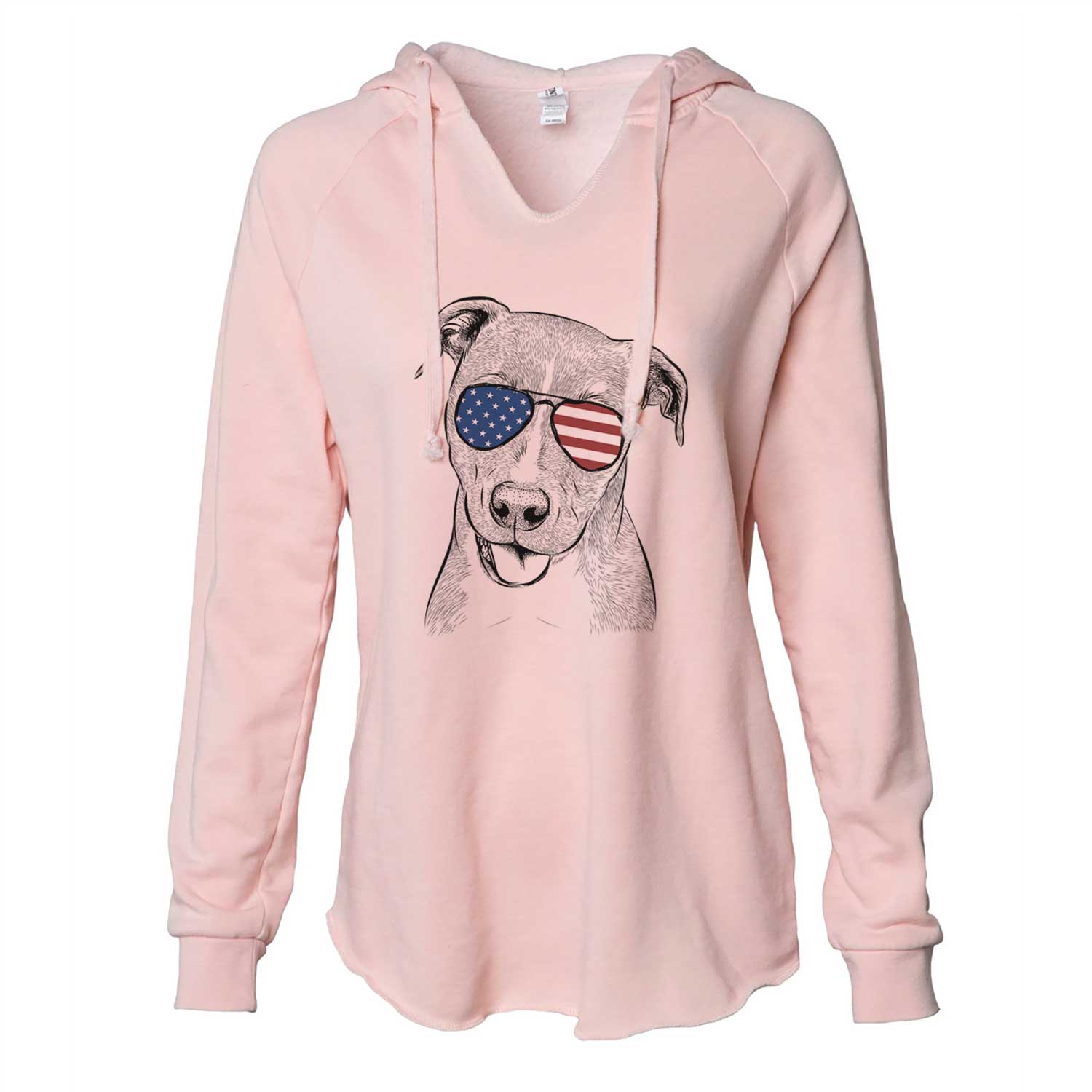 Hand-drawn sketch of Claiborne the American Staffordshire Terrier wearing American flag sunglasses on a Blush Cali Wave Hooded Sweatshirt