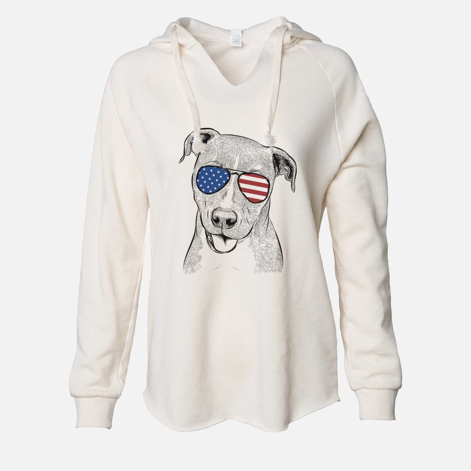 Hand-drawn sketch of Claiborne the American Staffordshire Terrier wearing American flag sunglasses on a Bone Cali Wave Hooded Sweatshirt