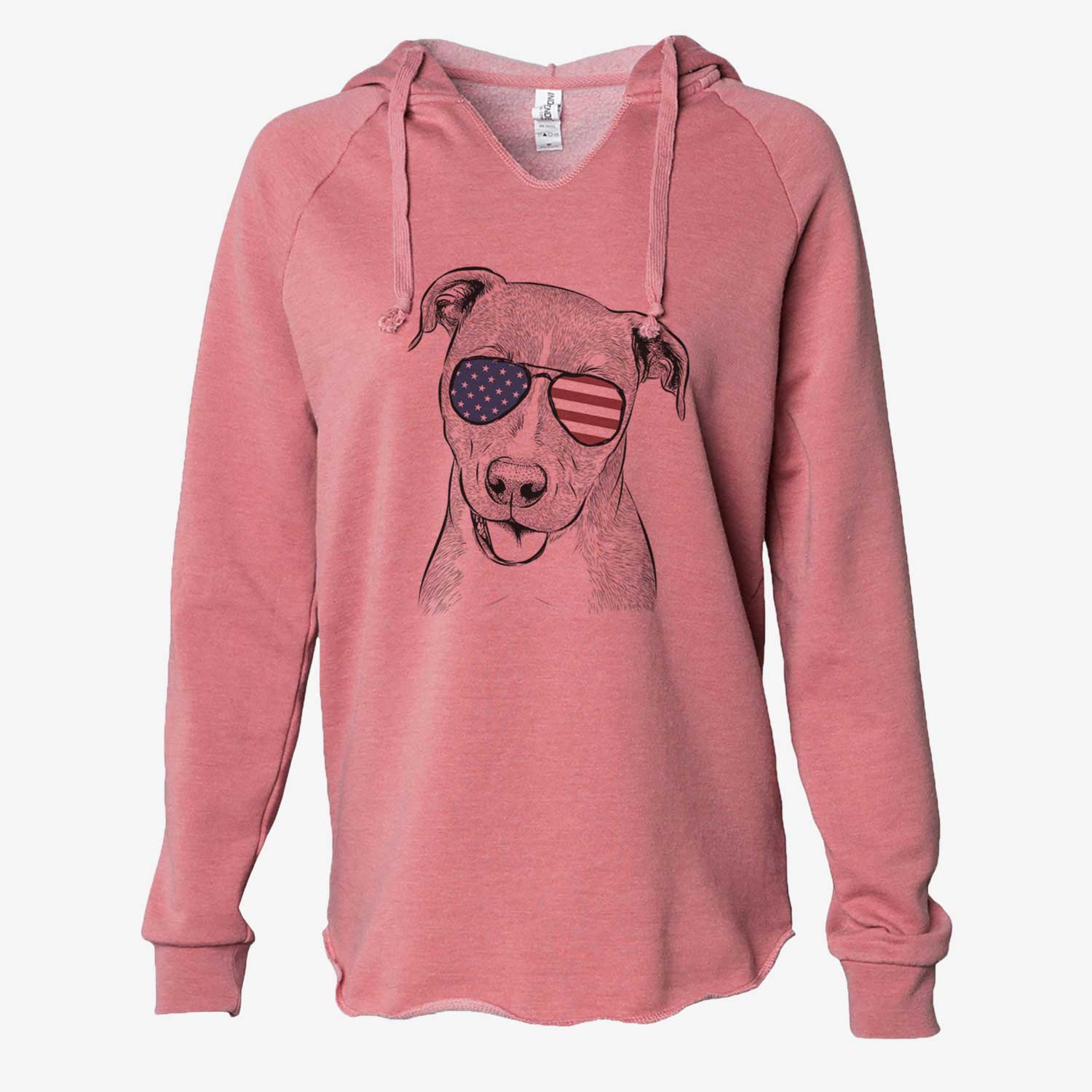 Hand-drawn sketch of Claiborne the American Staffordshire Terrier wearing American flag sunglasses on a Dusty Rose Cali Wave Hooded Sweatshirt