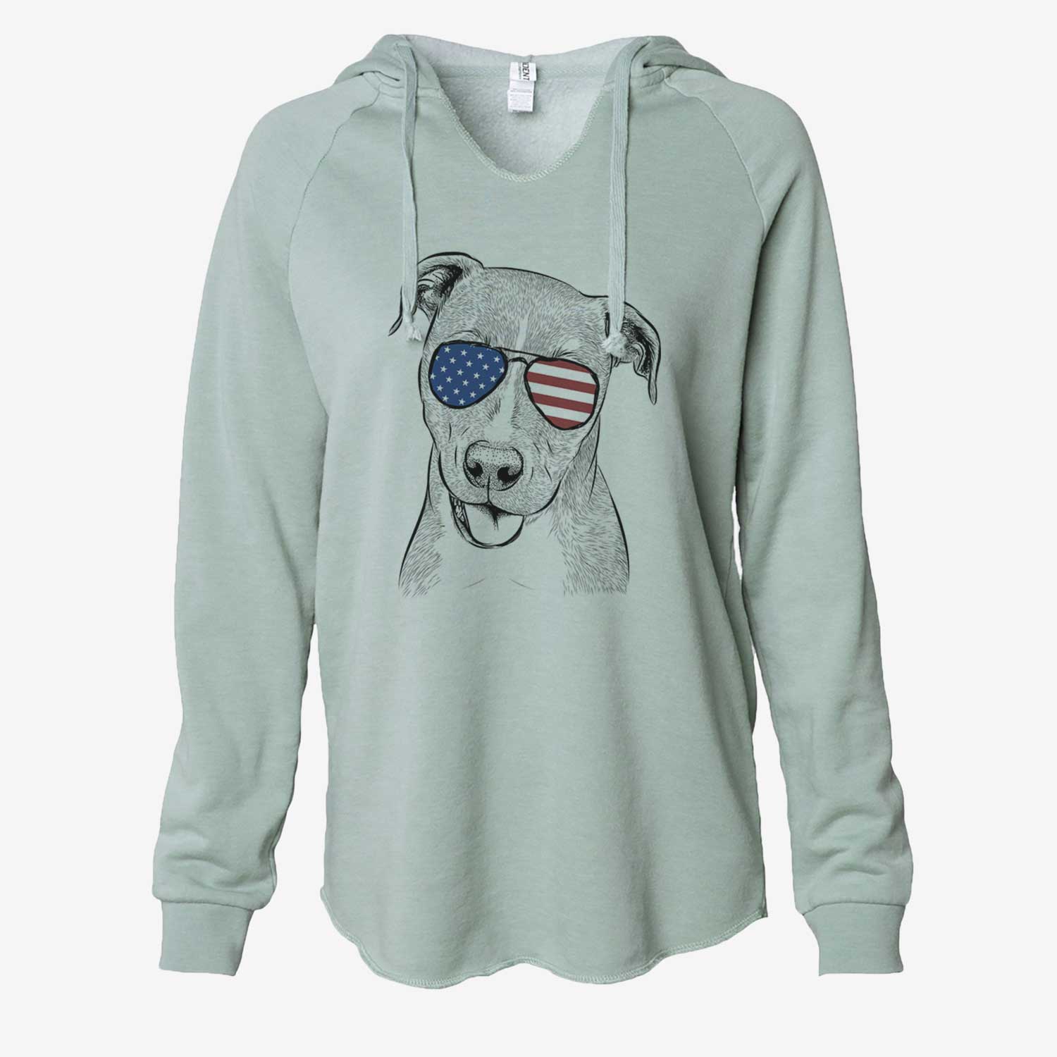 Hand-drawn sketch of Claiborne the American Staffordshire Terrier wearing American flag sunglasses on a Sage Cali Wave Hooded Sweatshirt