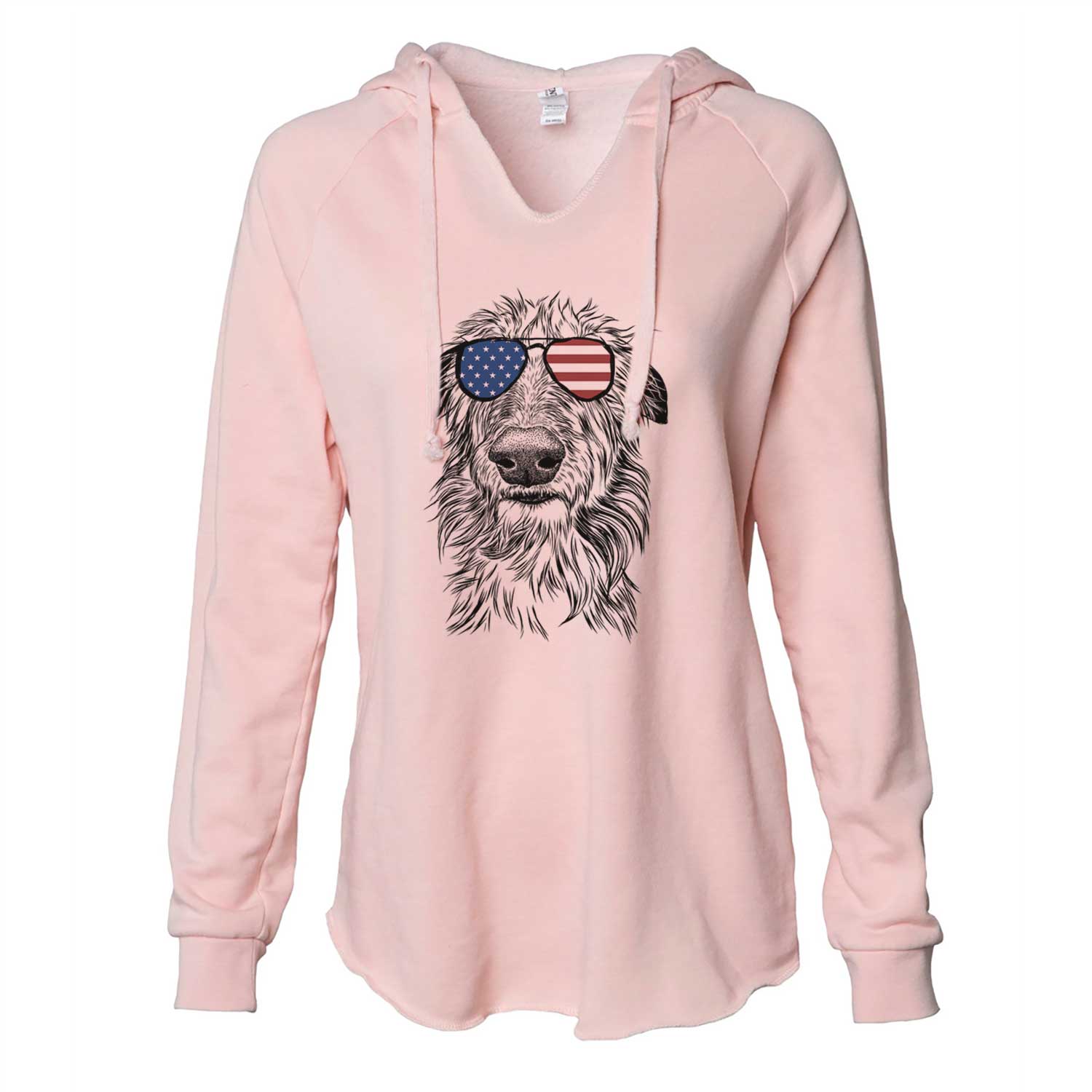 Hand-drawn sketch of Cleod the Scottish Deerhound wearing American flag sunglasses on a Blush Cali Wave Hooded Sweatshirt
