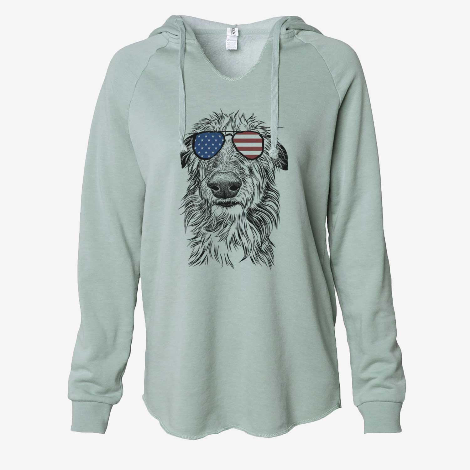 Hand-drawn sketch of Cleod the Scottish Deerhound wearing American flag sunglasses on a Sage Cali Wave Hooded Sweatshirt