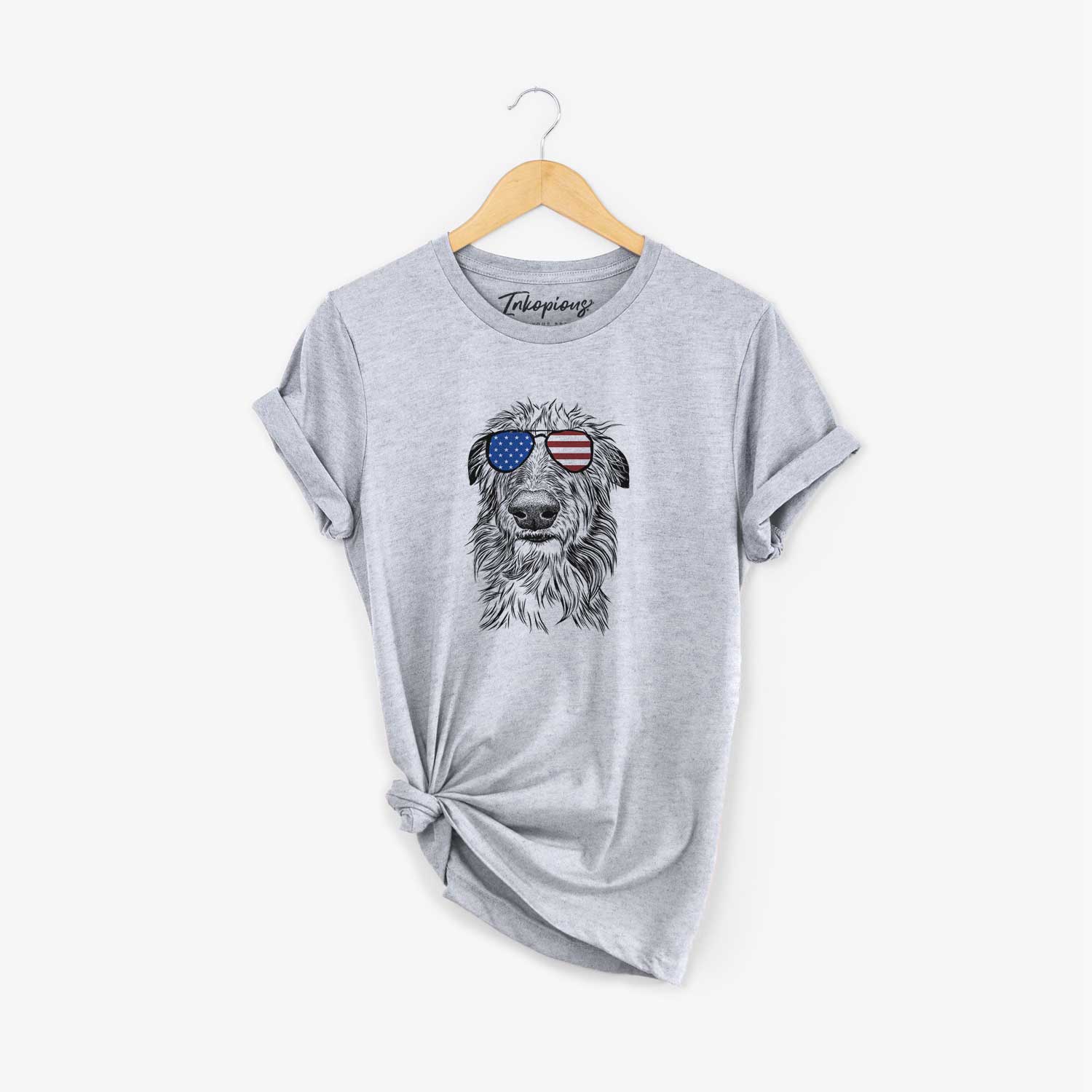 Hand-drawn sketch of Cleod the Scottish Deerhound wearing American flag sunglasses on a Grey Unisex crewneck