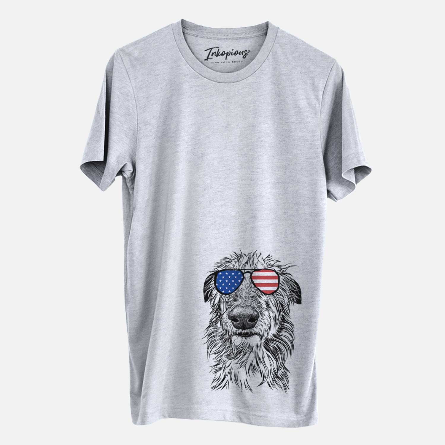 Hand-drawn sketch of Cleod the Scottish Deerhound wearing American flag sunglasses on a Grey Unisex crewneck