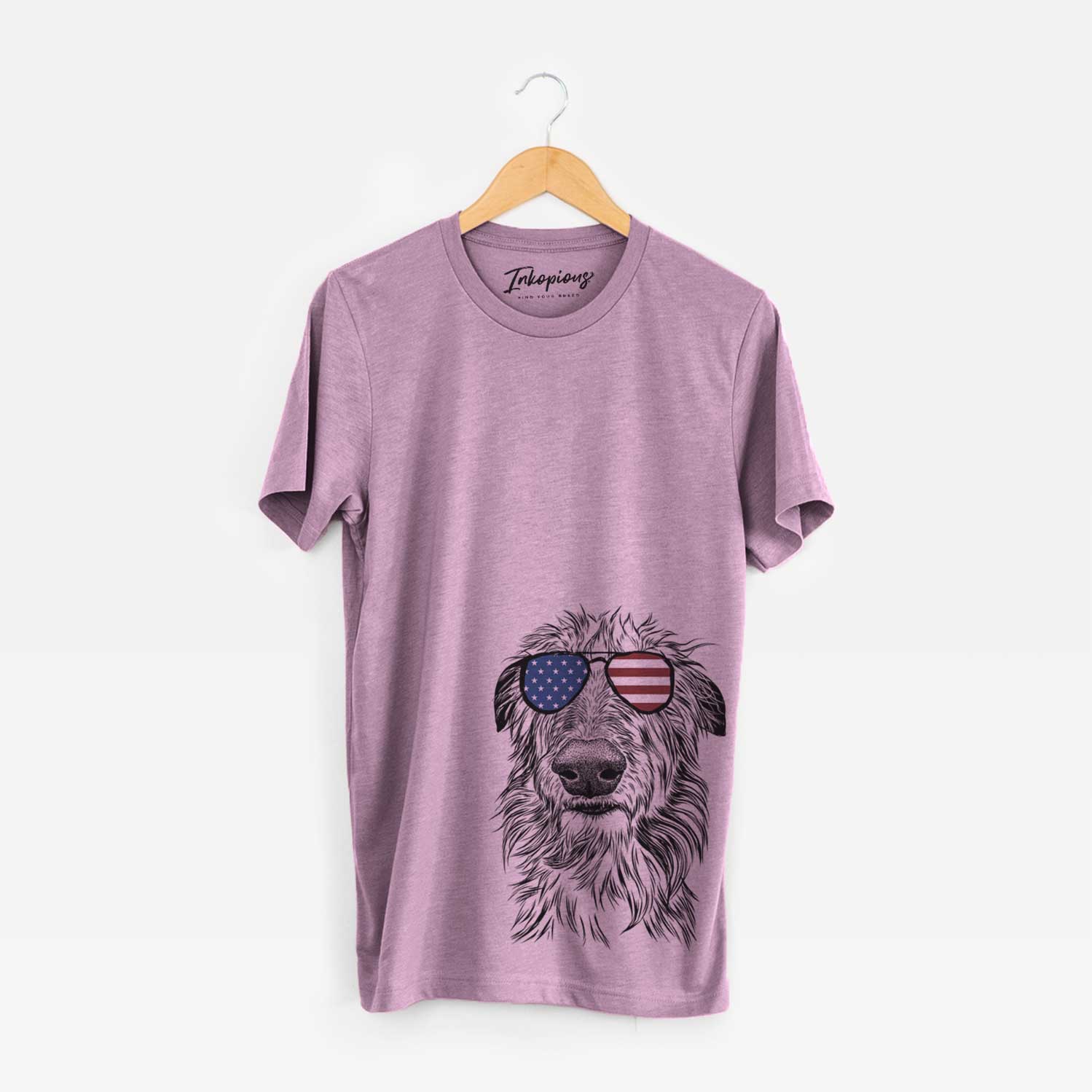 Hand-drawn sketch of Cleod the Scottish Deerhound wearing American flag sunglasses on an Orchid Unisex crewneck