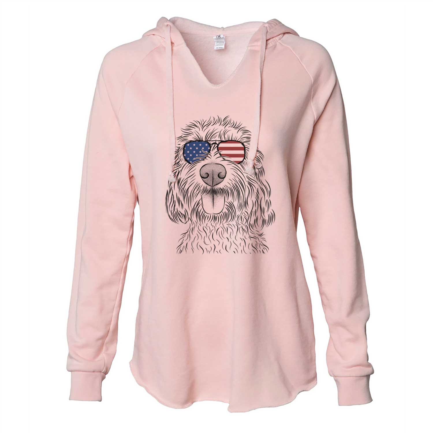Hand-drawn sketch of Clover the Cockapoo wearing American flag sunglasses on a Blush Cali Wave Hooded Sweatshirt