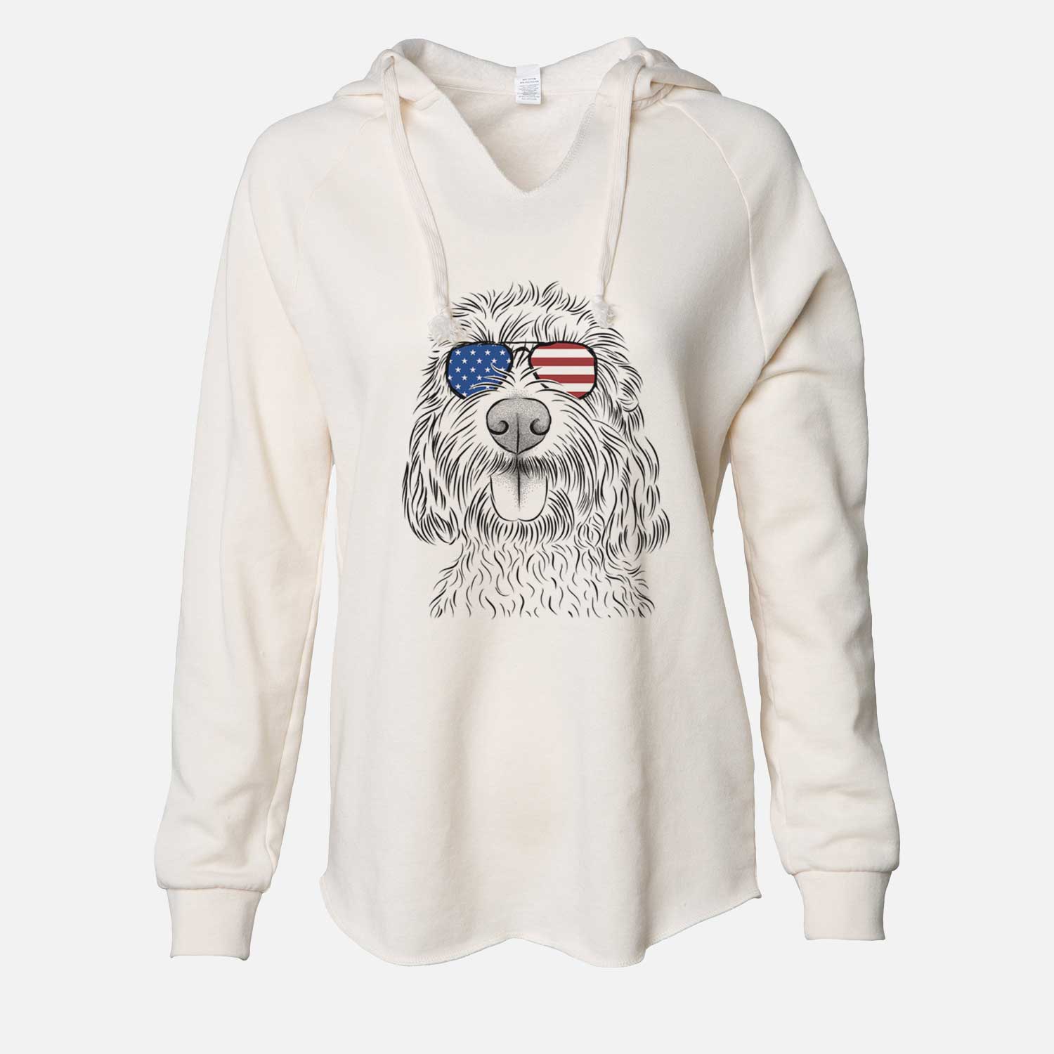 Hand-drawn sketch of Clover the Cockapoo wearing American flag sunglasses on a Bone Cali Wave Hooded Sweatshirt