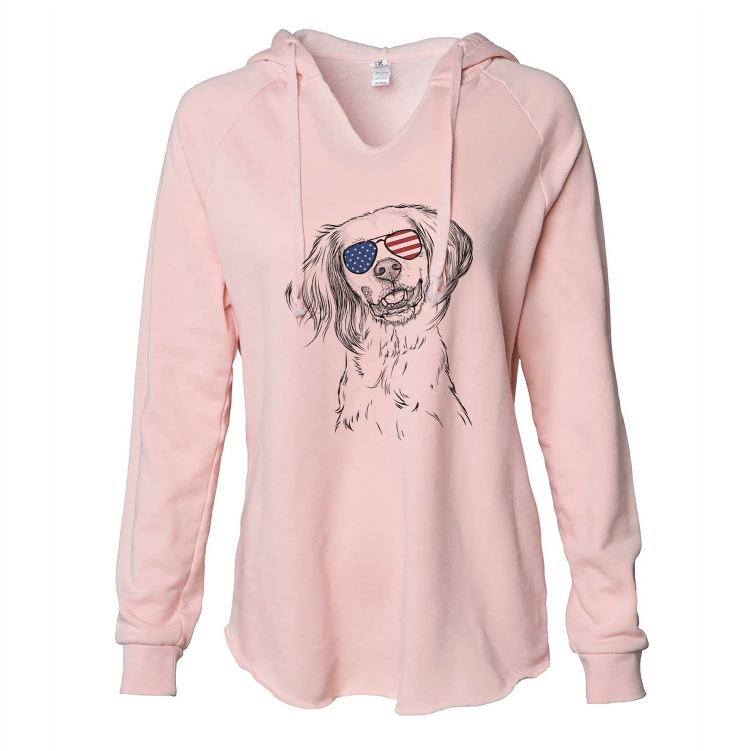 Hand-drawn sketch of Cooper the English Setter wearing American flag sunglasses on a Blush Cali Wave Hooded Sweatshirt