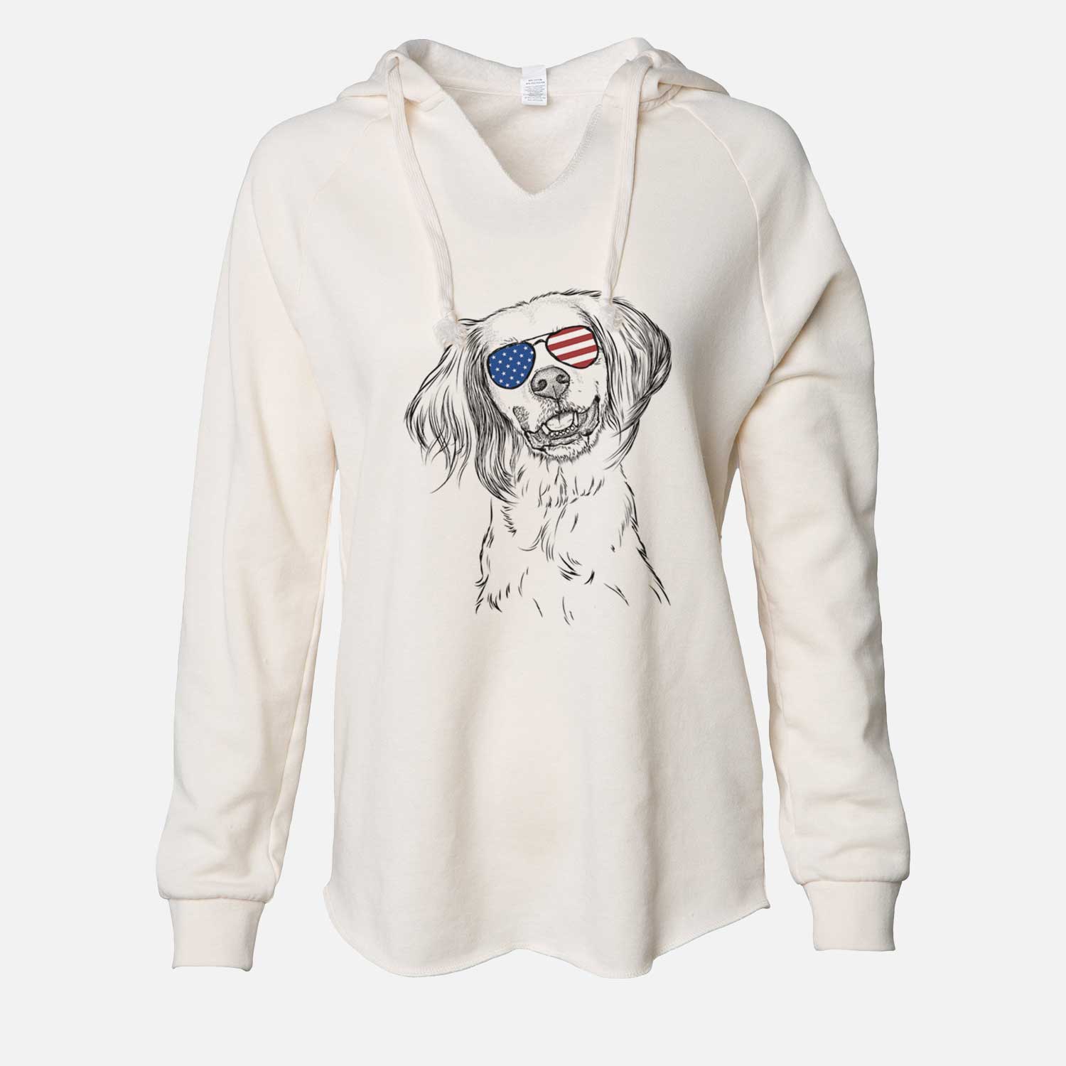 Hand-drawn sketch of Cooper the English Setter wearing American flag sunglasses on a Bone Cali Wave Hooded Sweatshirt