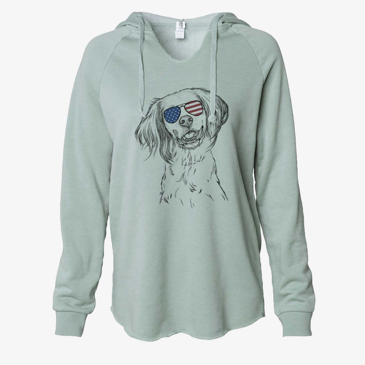 Hand-drawn sketch of Cooper the English Setter wearing American flag sunglasses on a Sage Cali Wave Hooded Sweatshirt