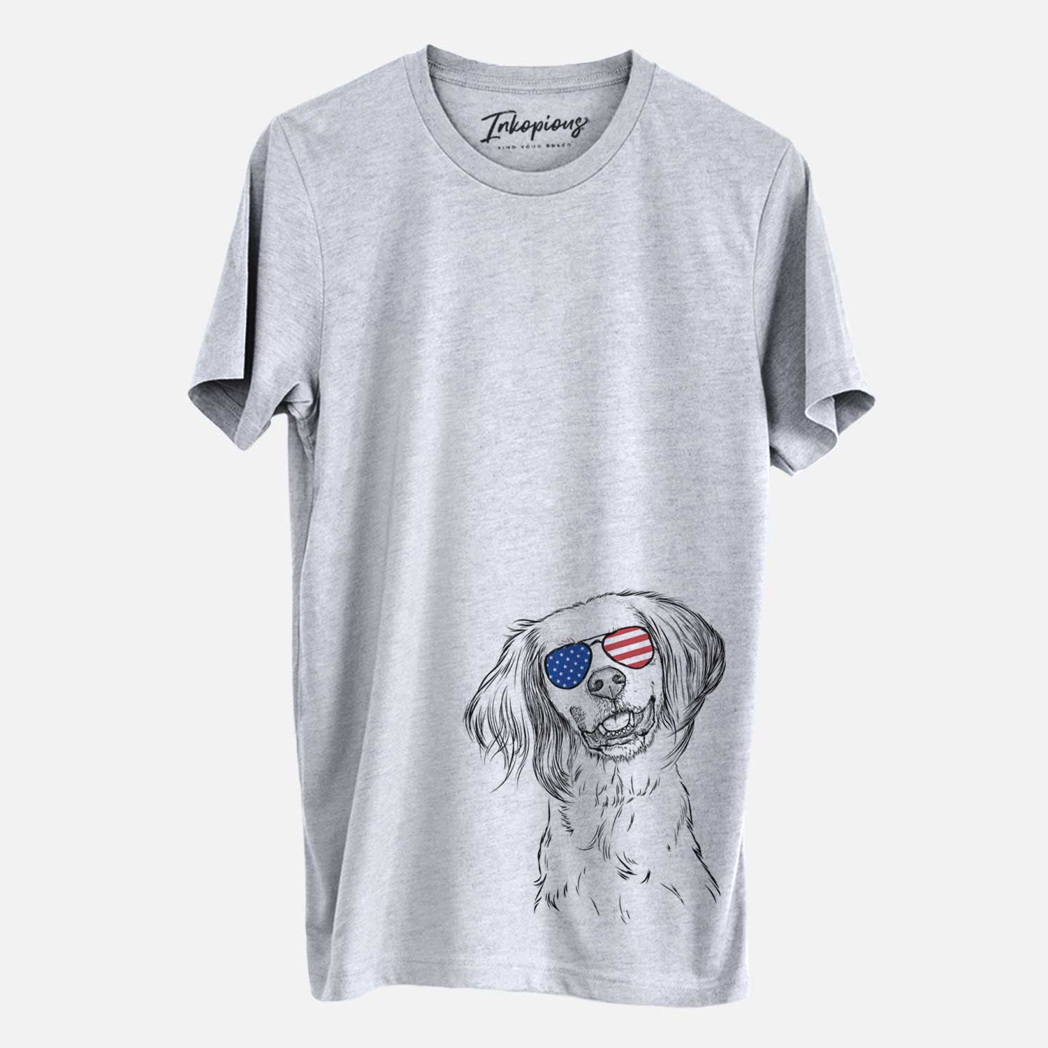 Hand-drawn sketch of Cooper the English Setter wearing American flag sunglasses on a Grey Unisex crewneck