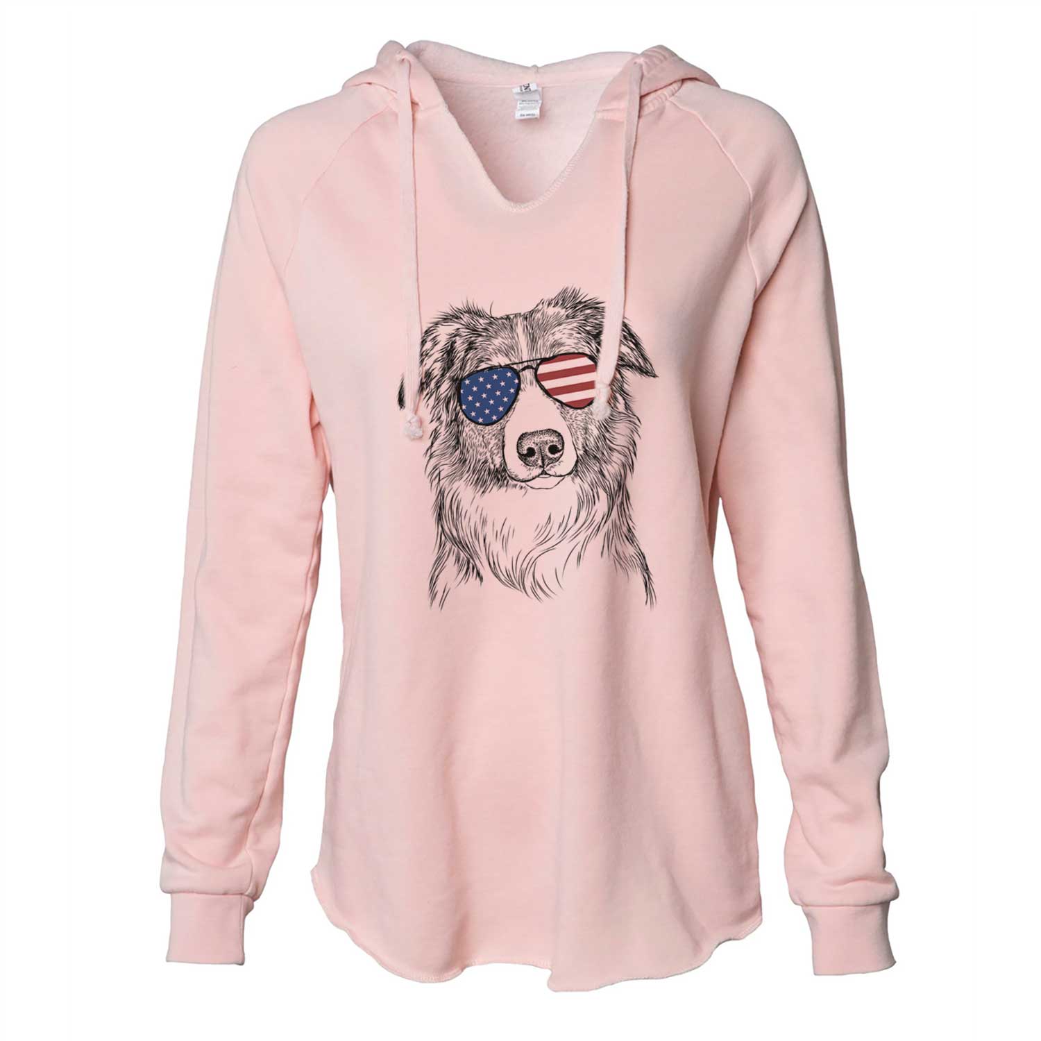 Hand-drawn sketch of Cynder the English Shepherd wearing American flag sunglasses on a Blush Cali Wave Hooded Sweatshirt