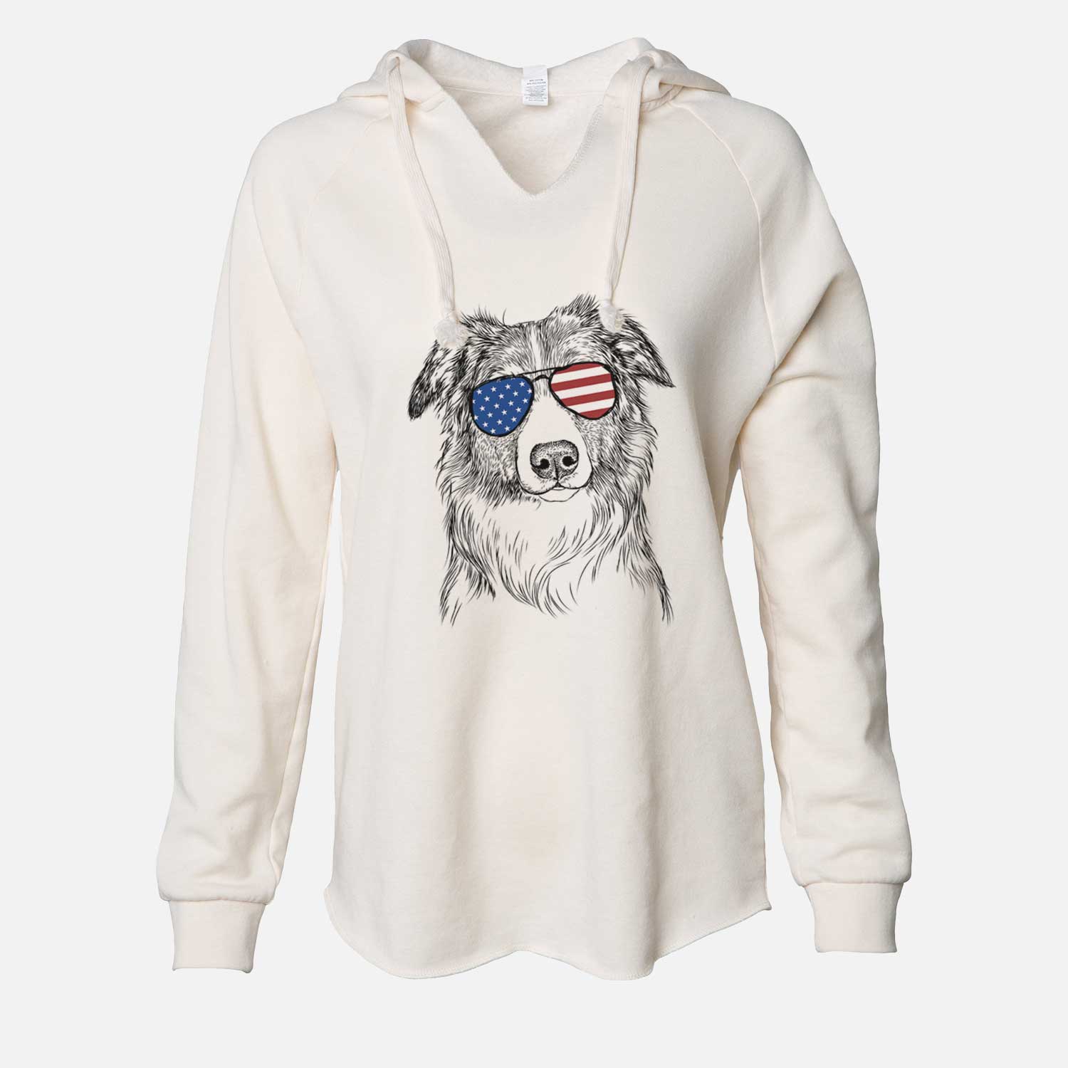 Hand-drawn sketch of Cynder the English Shepherd wearing American flag sunglasses on a Bone Cali Wave Hooded Sweatshirt