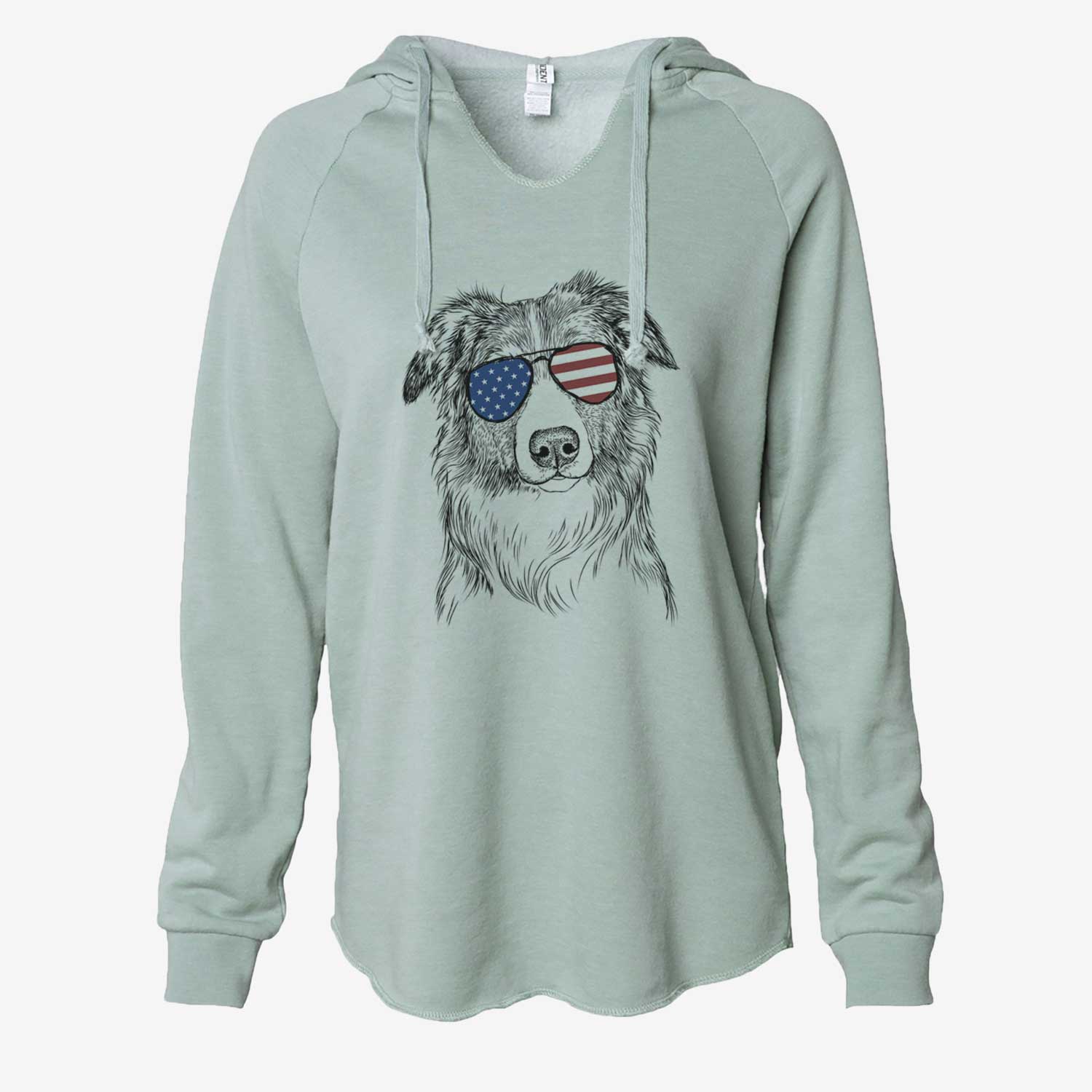 Hand-drawn sketch of Cynder the English Shepherd wearing American flag sunglasses on a Sage Cali Wave Hooded Sweatshirt