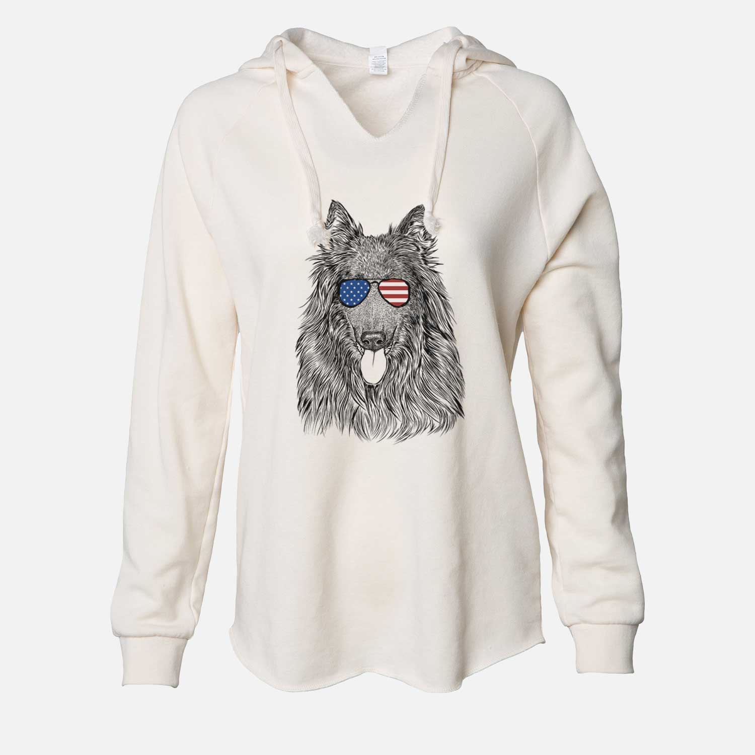Hand-drawn sketch of Daan the Belgian Shepherd wearing American flag sunglasses on a Bone Cali Wave Hooded Sweatshirt