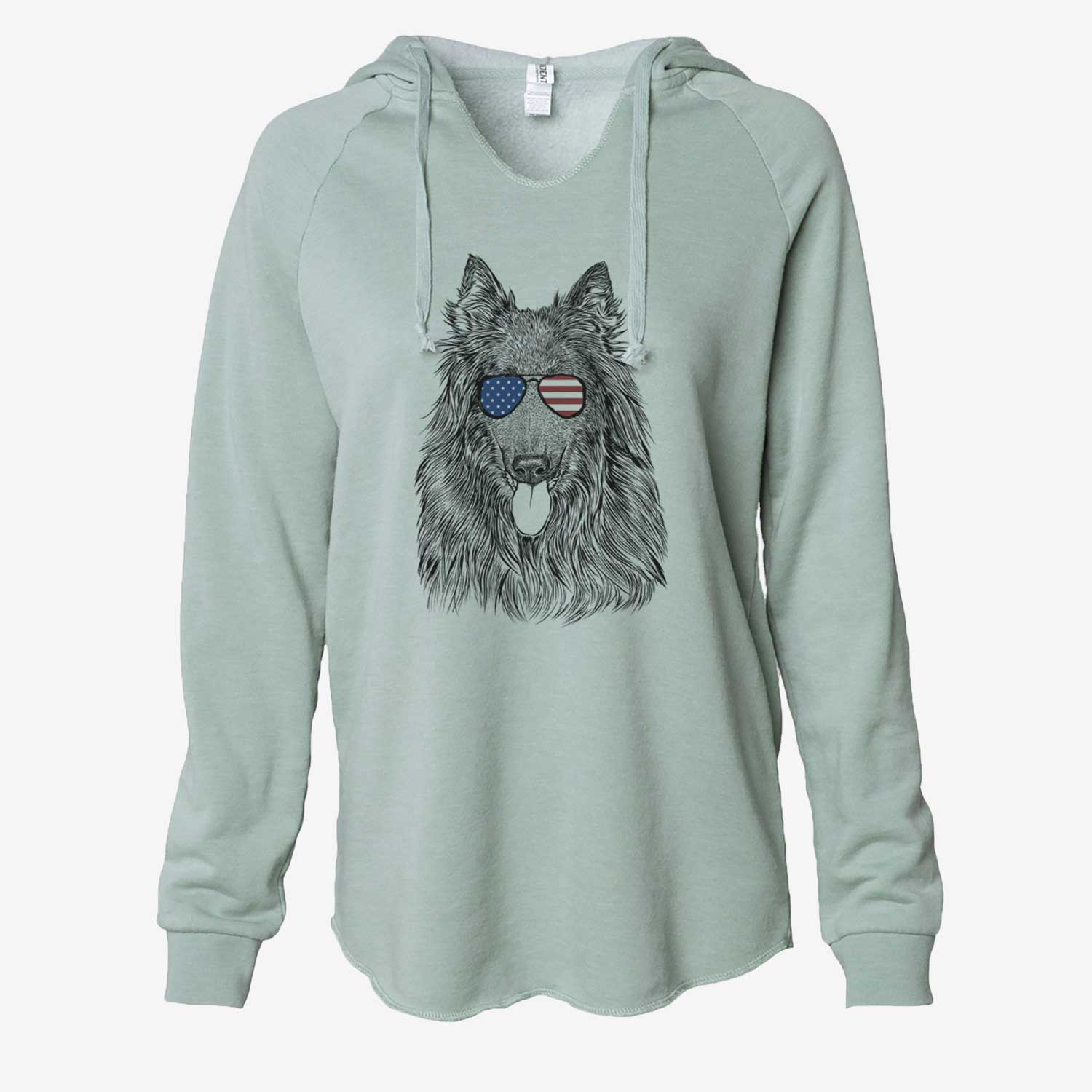 Hand-drawn sketch of Daan the Belgian Shepherd wearing American flag sunglasses on a Sage Cali Wave Hooded Sweatshirt