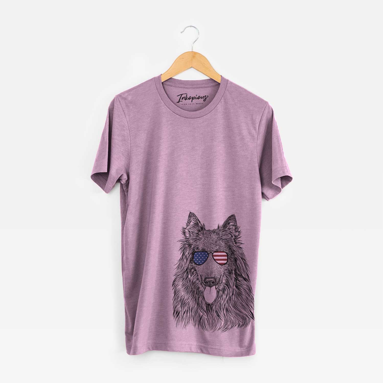 Hand-drawn sketch of Daan the Belgian Shepherd wearing American flag sunglasses on an Orchid Unisex crewneck