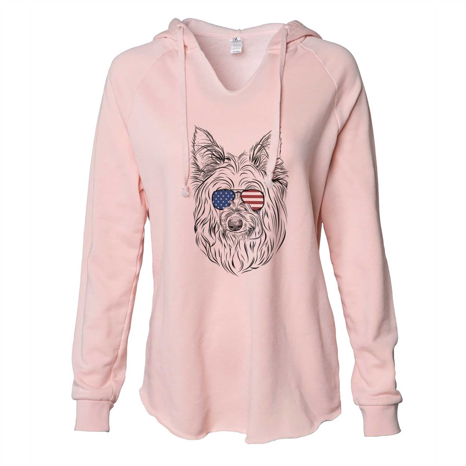 Hand-drawn sketch of Daisy May the Silky Terrier wearing American flag sunglasses on a Blush Cali Wave Hooded Sweatshirt