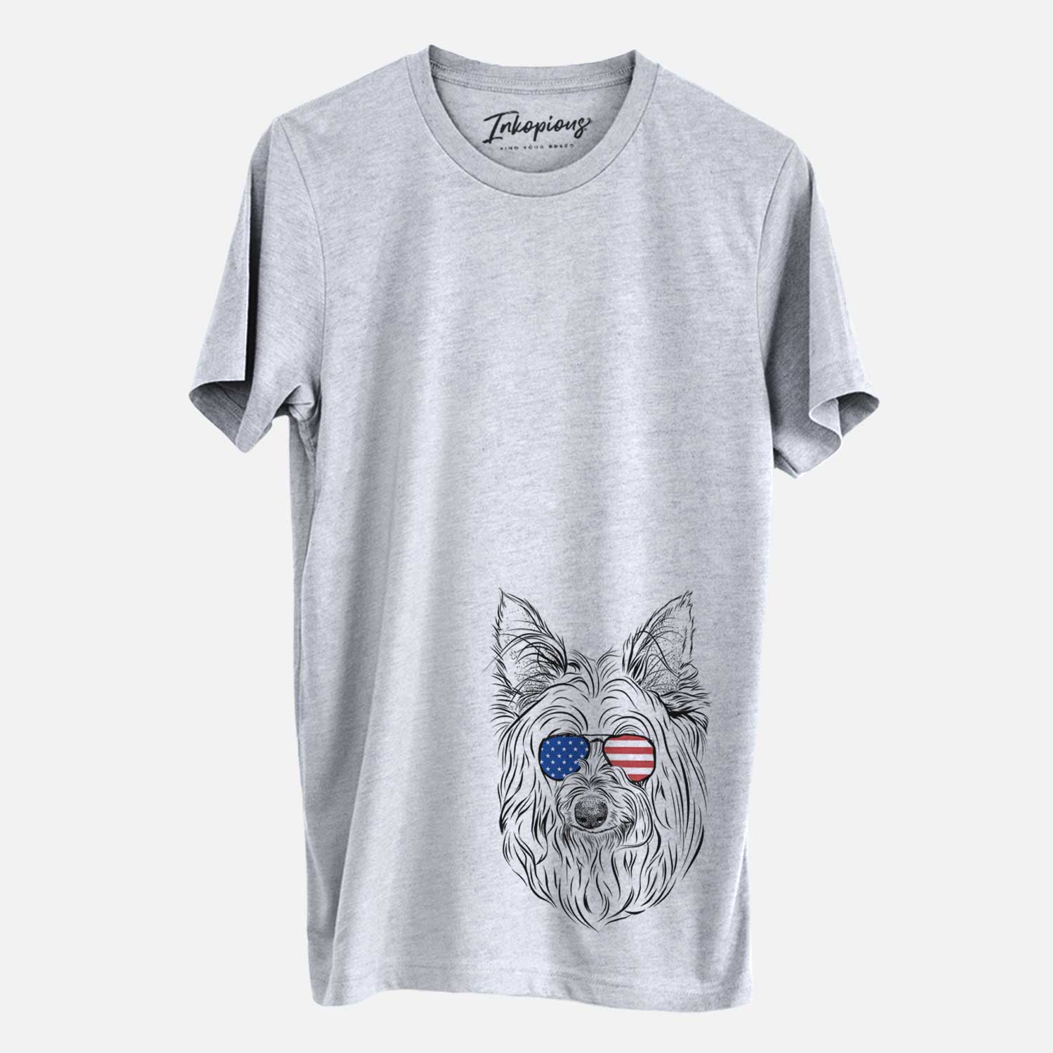 Hand-drawn sketch of Daisy May the Silky Terrier wearing American flag sunglasses on a Grey Unisex crewneck