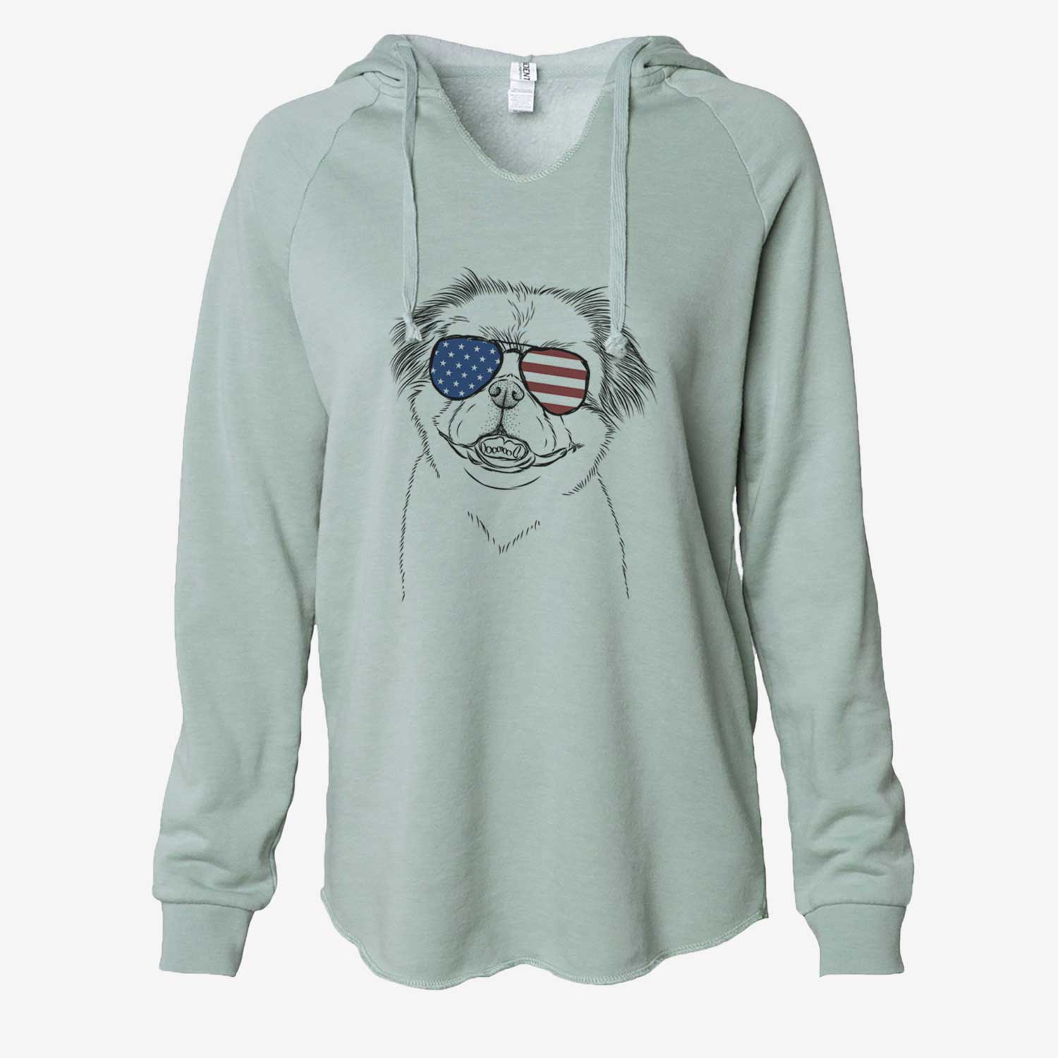 Hand-drawn sketch of Danny the Pekingese wearing American flag sunglasses on a Sage Cali Wave Hooded Sweatshirt