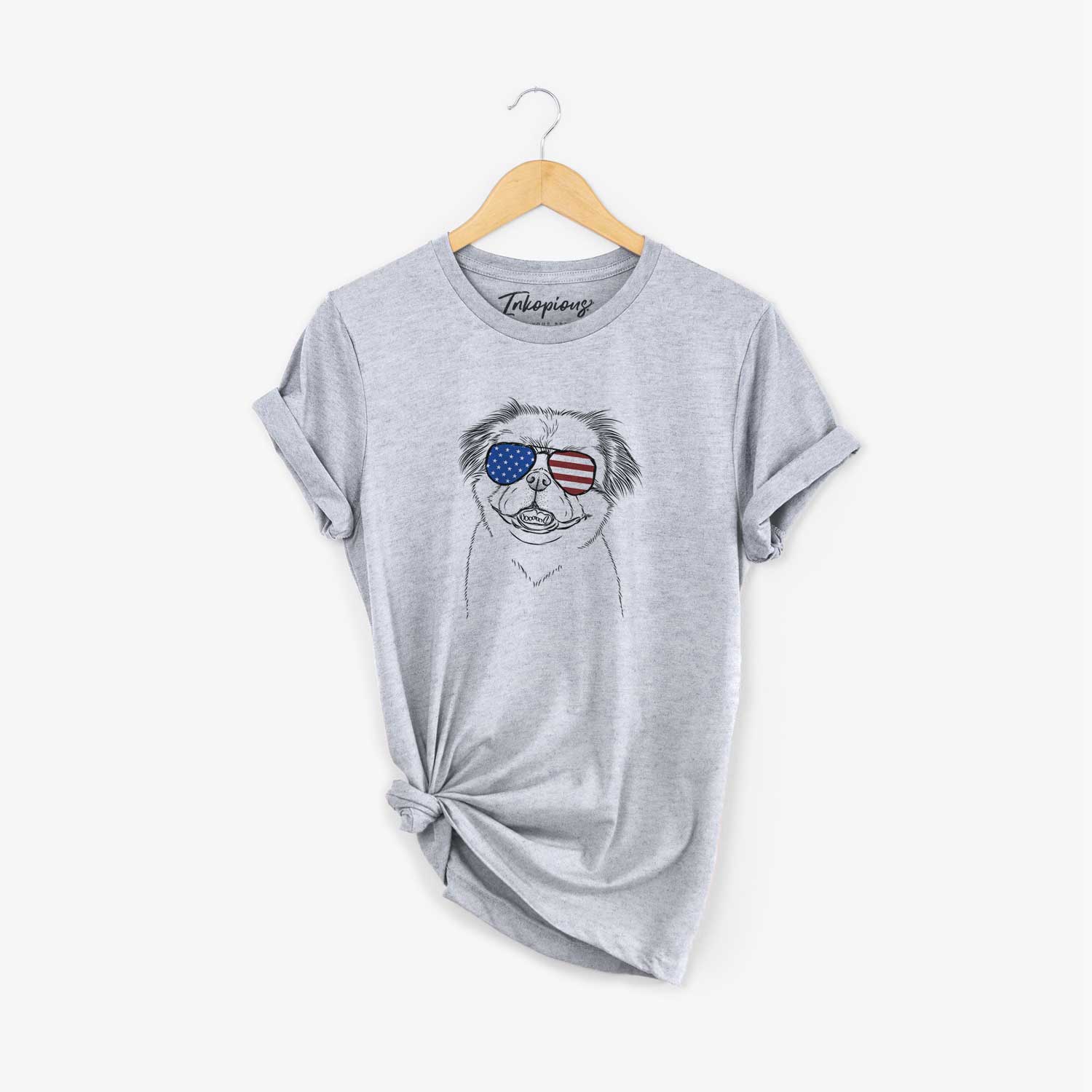 Hand-drawn sketch of Danny the Pekingese wearing American flag sunglasses on a Grey Unisex crewneck