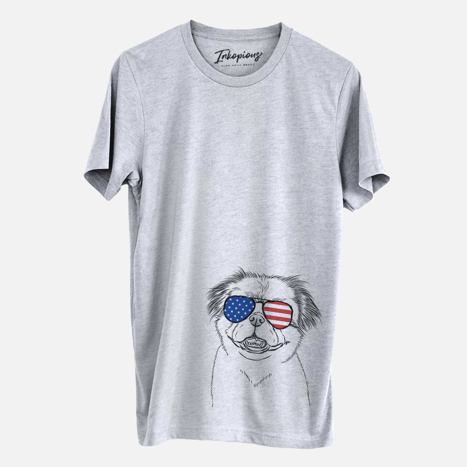 Hand-drawn sketch of Danny the Pekingese wearing American flag sunglasses on a Grey Unisex crewneck