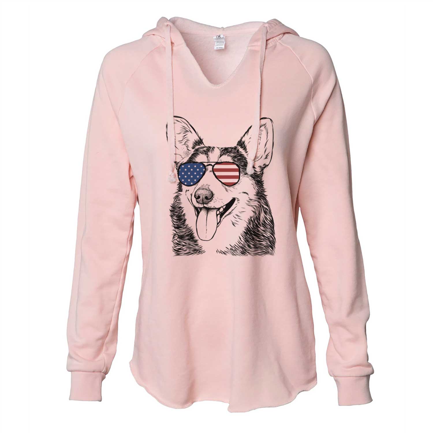 Hand-drawn sketch of Darma the Corgi wearing American flag sunglasses on a Blush Cali Wave Hooded Sweatshirt