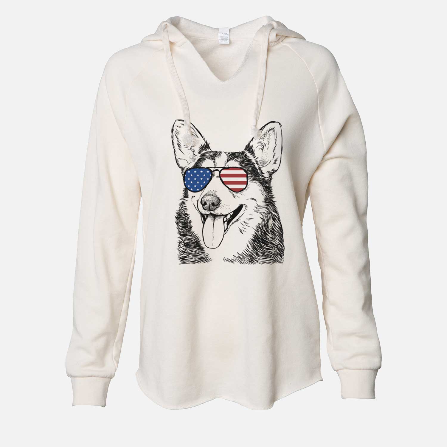 Hand-drawn sketch of Darma the Corgi wearing American flag sunglasses on a Bone Cali Wave Hooded Sweatshirt