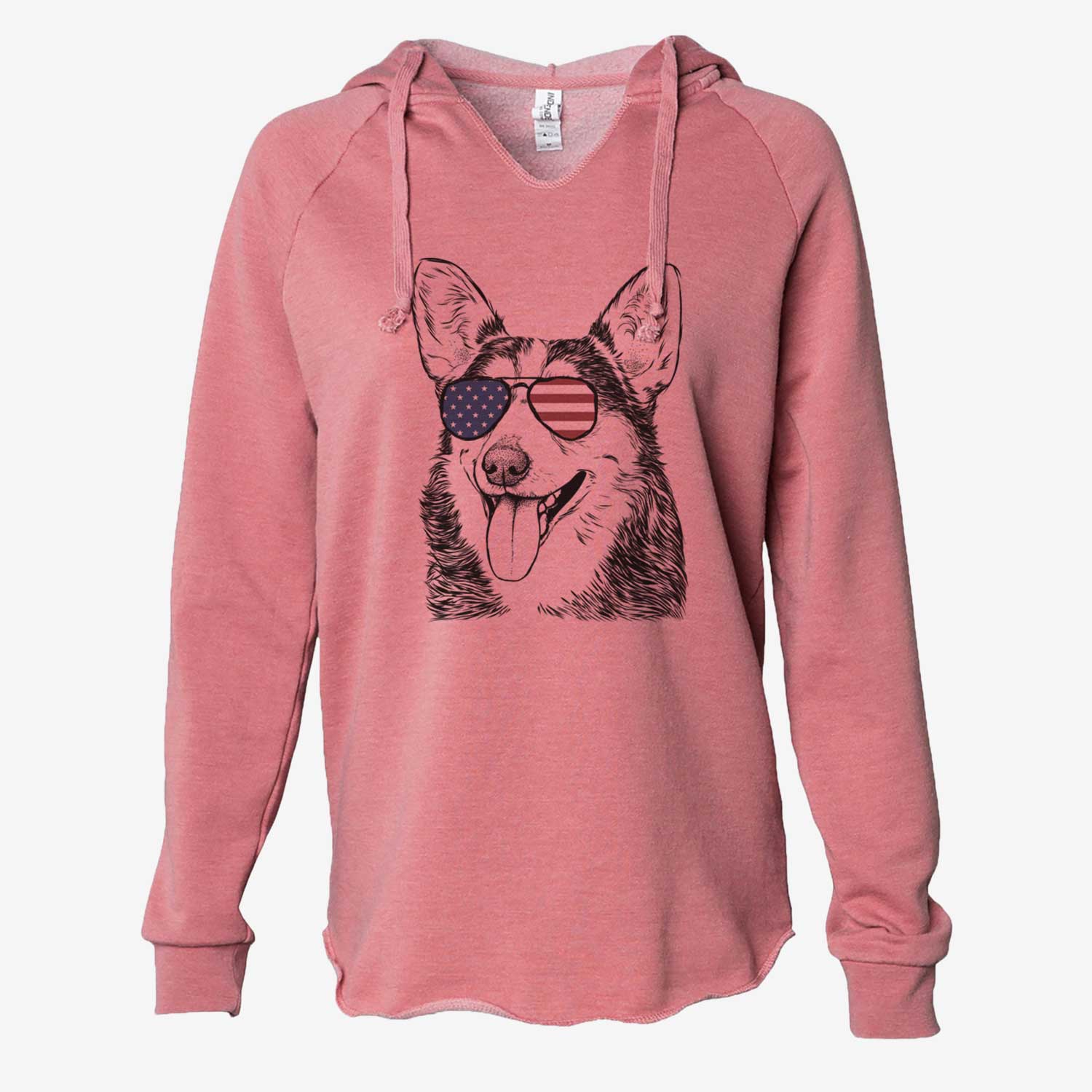 Hand-drawn sketch of Darma the Corgi wearing American flag sunglasses on a Dusty Rose Cali Wave Hooded Sweatshirt