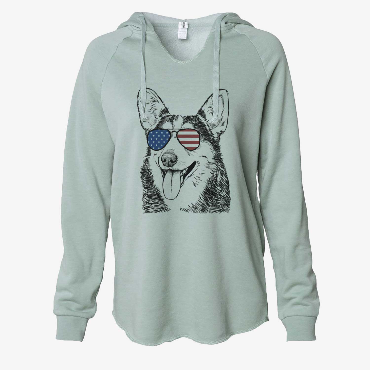 Hand-drawn sketch of Darma the Corgi wearing American flag sunglasses on a Sage Cali Wave Hooded Sweatshirt