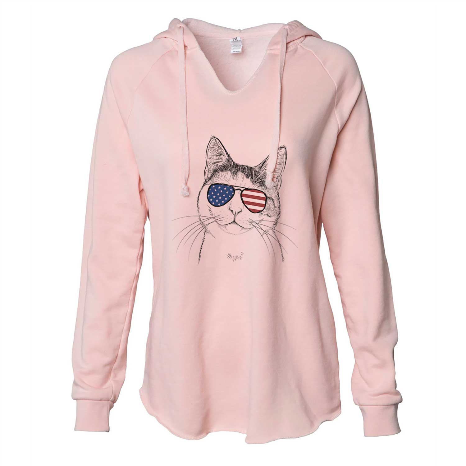 Hand-drawn sketch of Denver the Calico Cat wearing American flag sunglasses on a Blush Cali Wave Hooded Sweatshirt