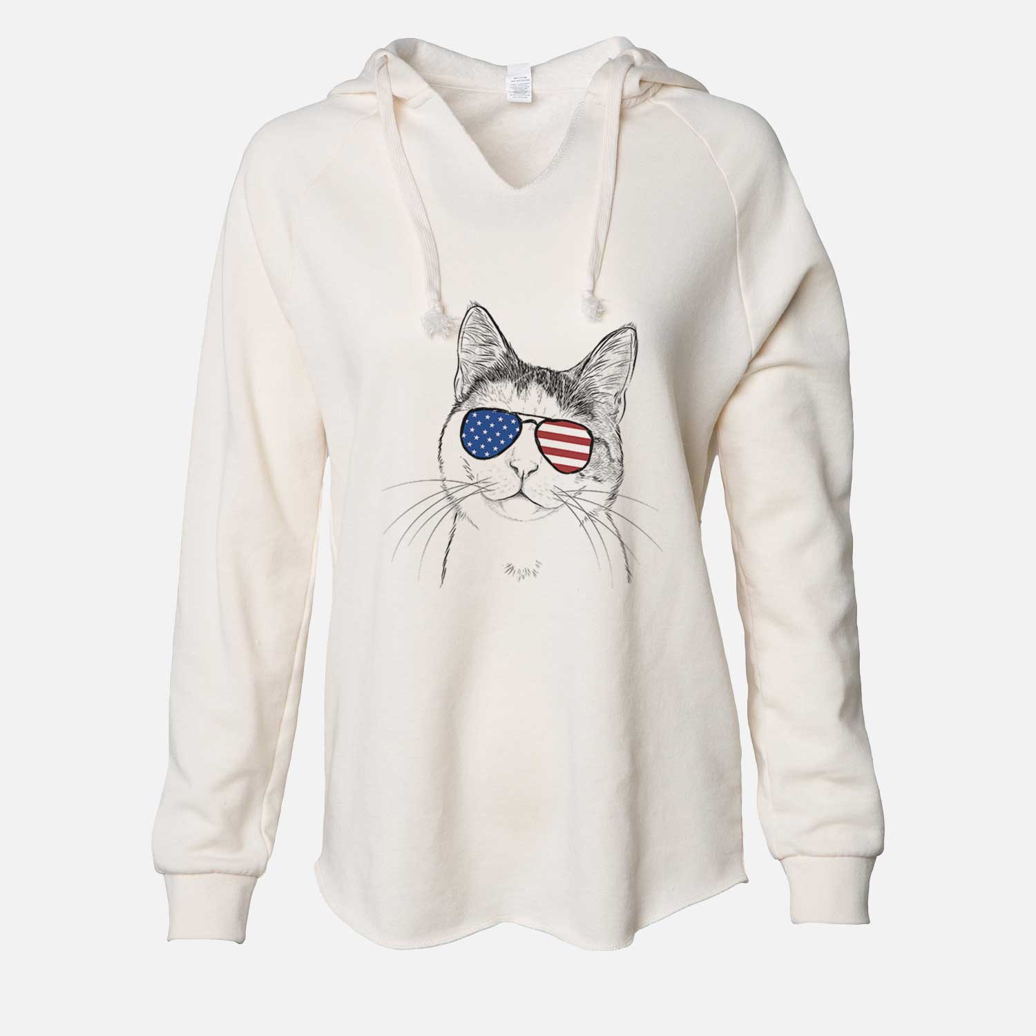 Hand-drawn sketch of Denver the Calico Cat wearing American flag sunglasses on a Bone Cali Wave Hooded Sweatshirt