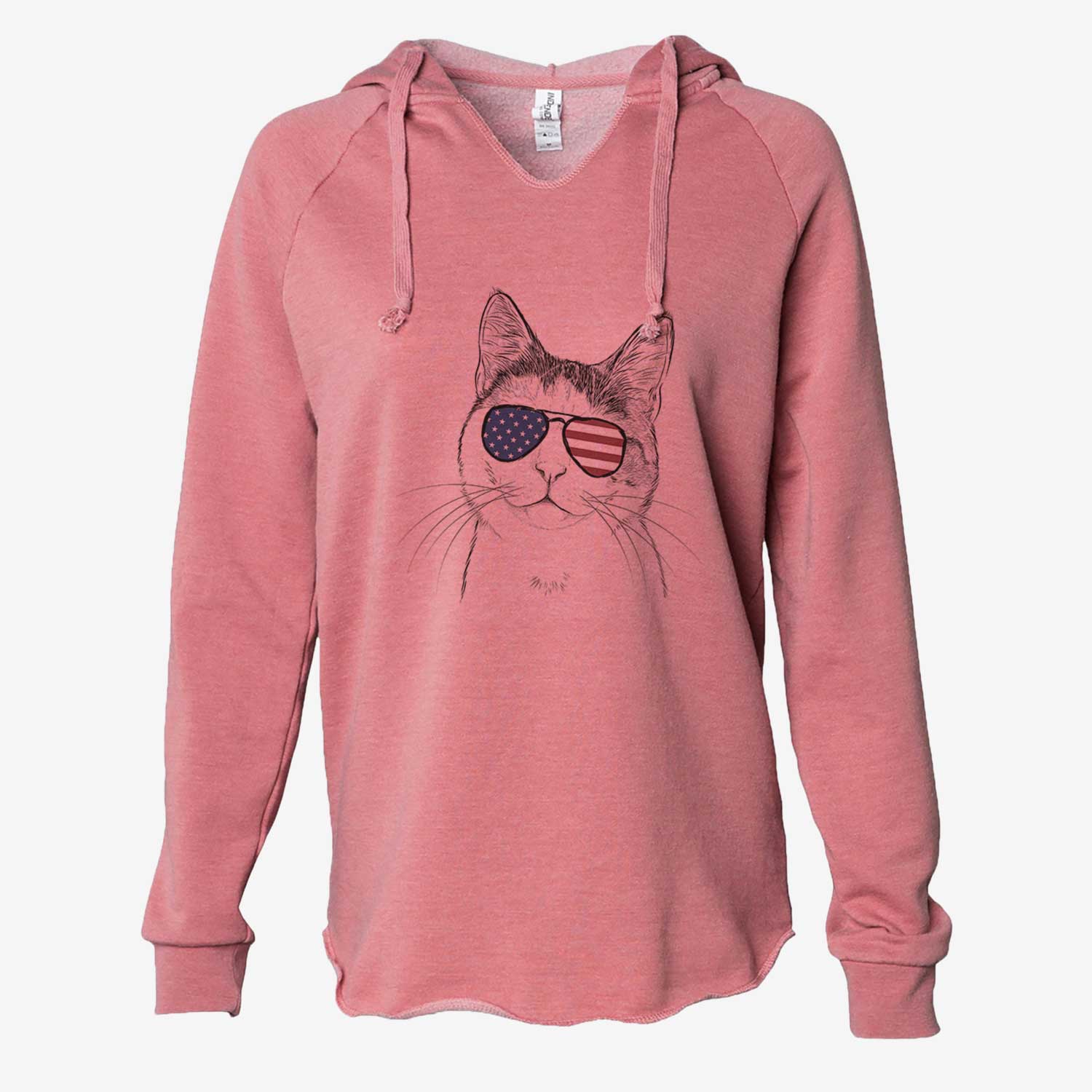Hand-drawn sketch of Denver the Calico Cat wearing American flag sunglasses on a Dusty Rose Cali Wave Hooded Sweatshirt