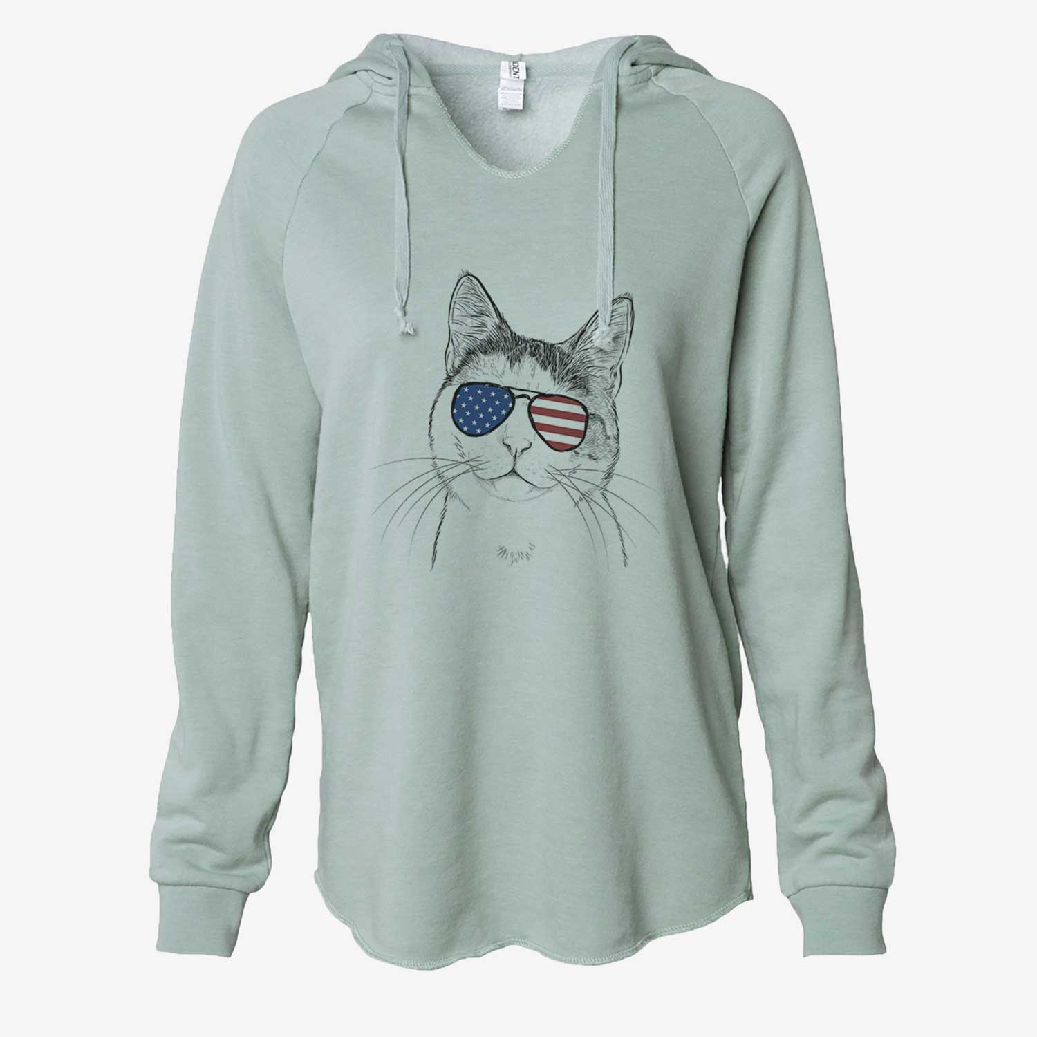 Hand-drawn sketch of Denver the Calico Cat wearing American flag sunglasses on a Sage Cali Wave Hooded Sweatshirt