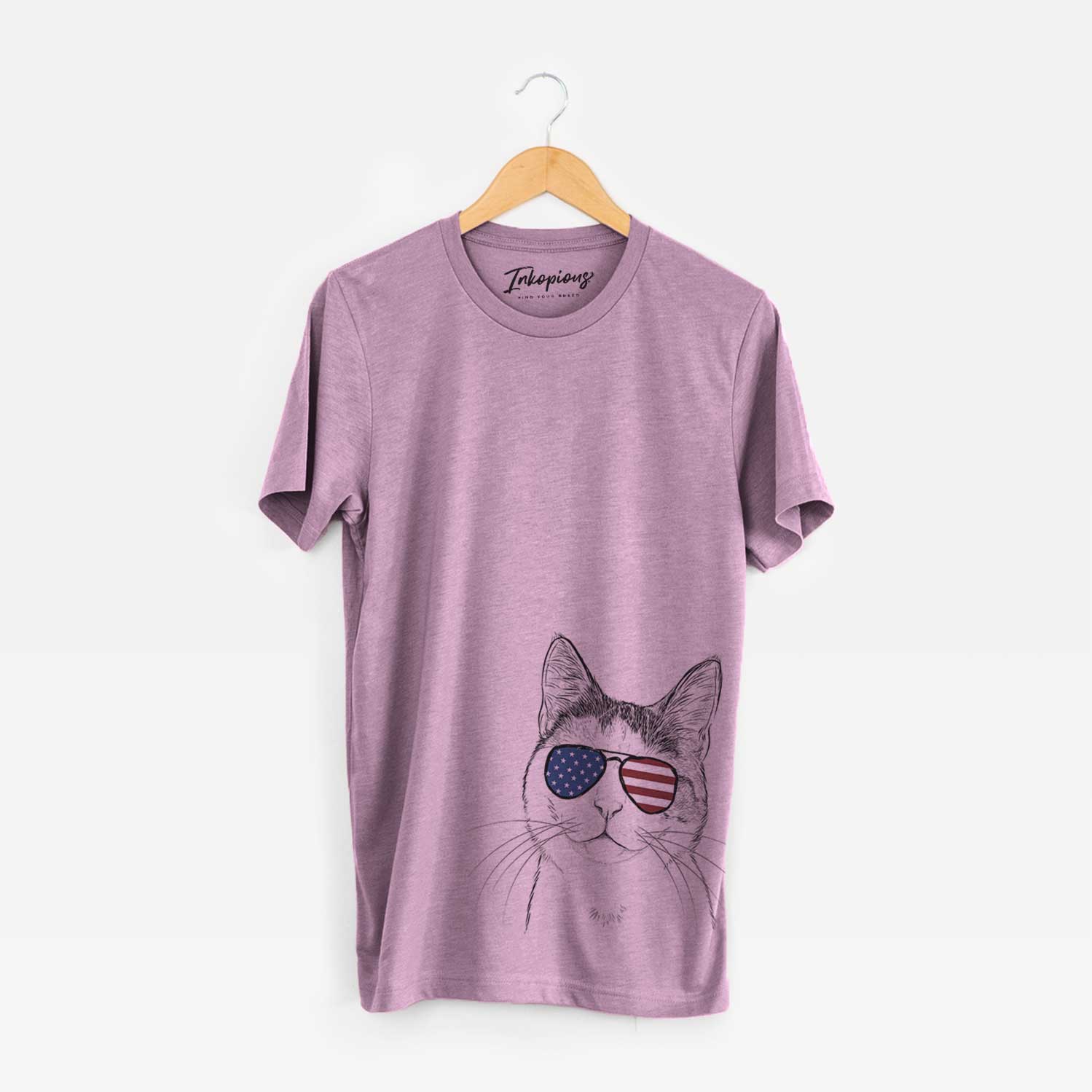 Hand-drawn sketch of Denver the Calico Cat wearing American flag sunglasses on an Orchid Unisex crewneck