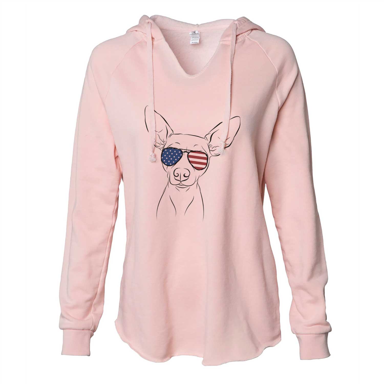 Hand-drawn sketch of Desi the American Hairless Terrier wearing American flag sunglasses on a Blush Cali Wave Hooded Sweatshirt