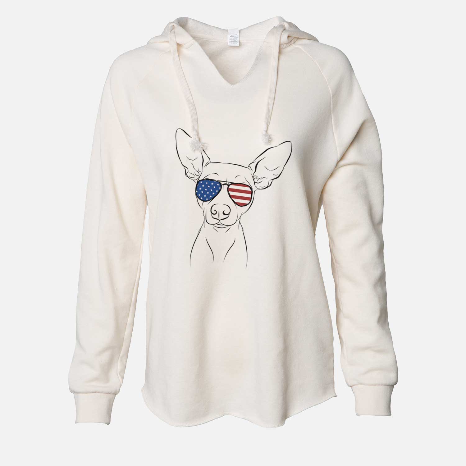 Hand-drawn sketch of Desi the American Hairless Terrier wearing American flag sunglasses on a Bone Cali Wave Hooded Sweatshirt