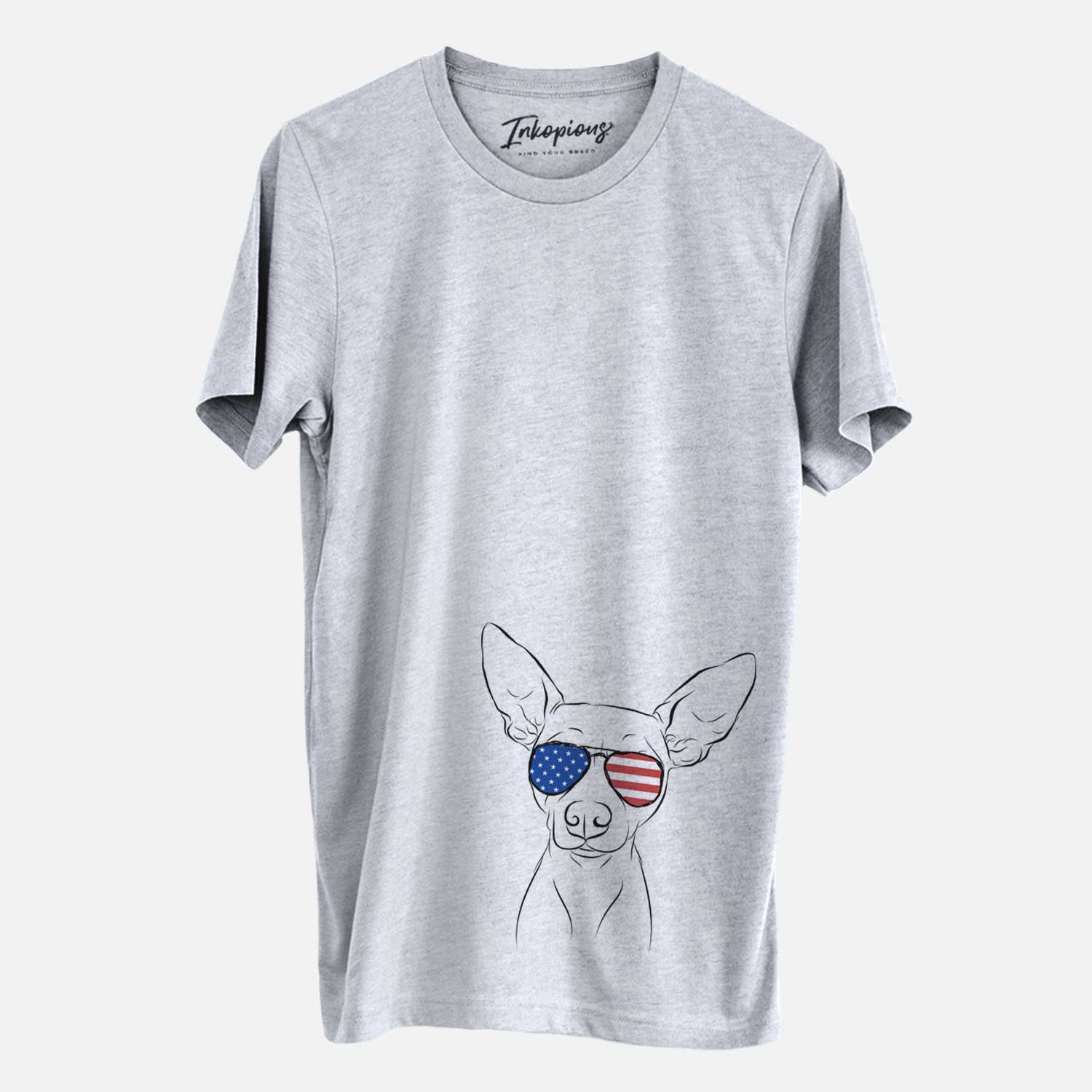 Hand-drawn sketch of Desi the American Hairless Terrier wearing American flag sunglasses on a Grey Unisex crewneck