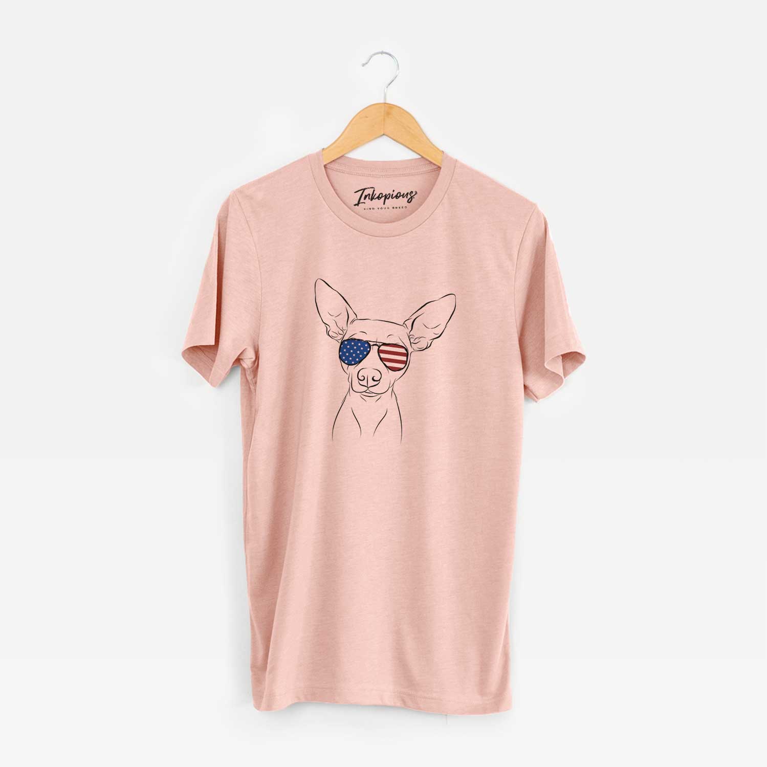 Hand-drawn sketch of Desi the American Hairless Terrier wearing American flag sunglasses on a Peach Unisex crewneck