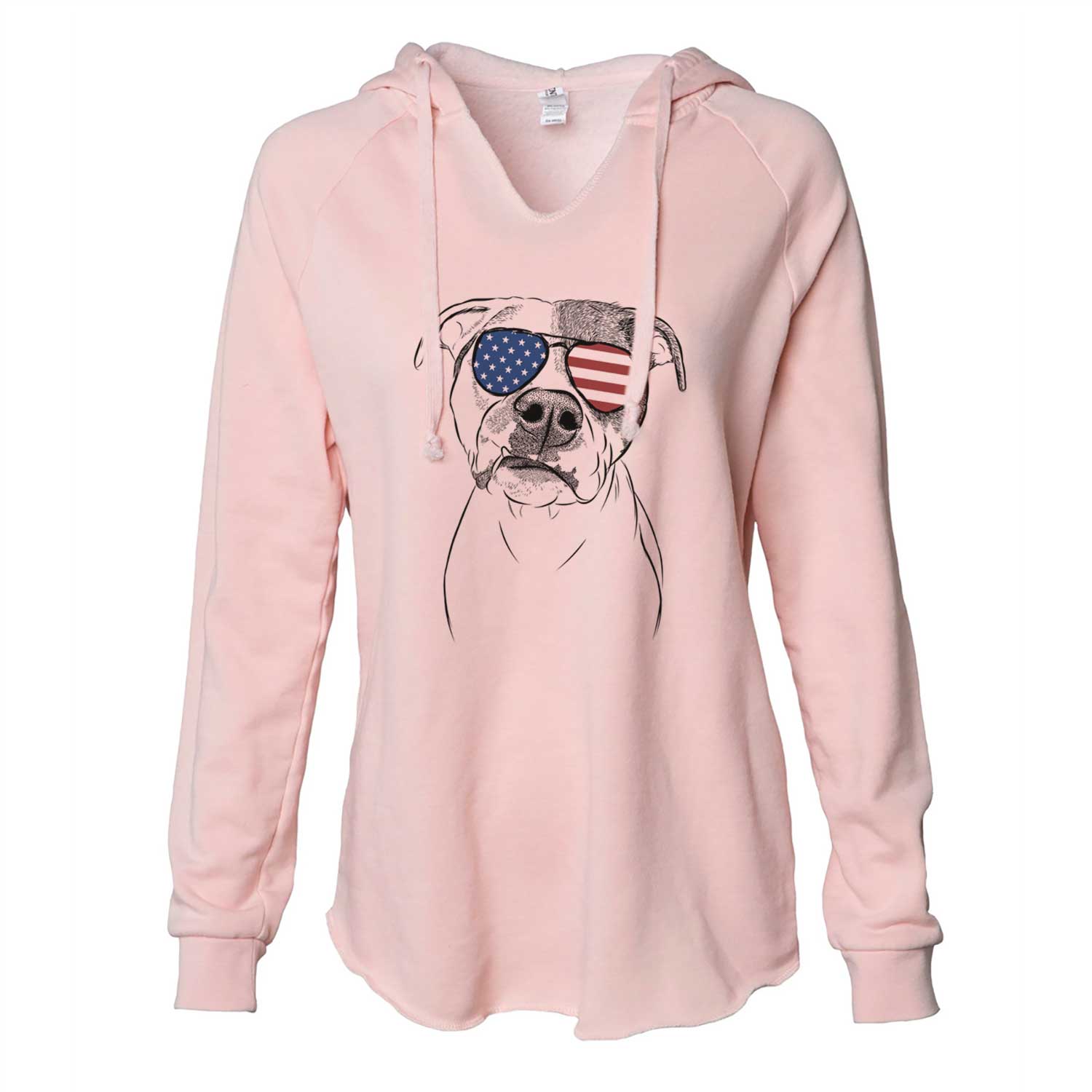 Hand-drawn sketch of Dexter the Pitbull wearing American flag sunglasses on a Blush Cali Wave Hooded Sweatshirt