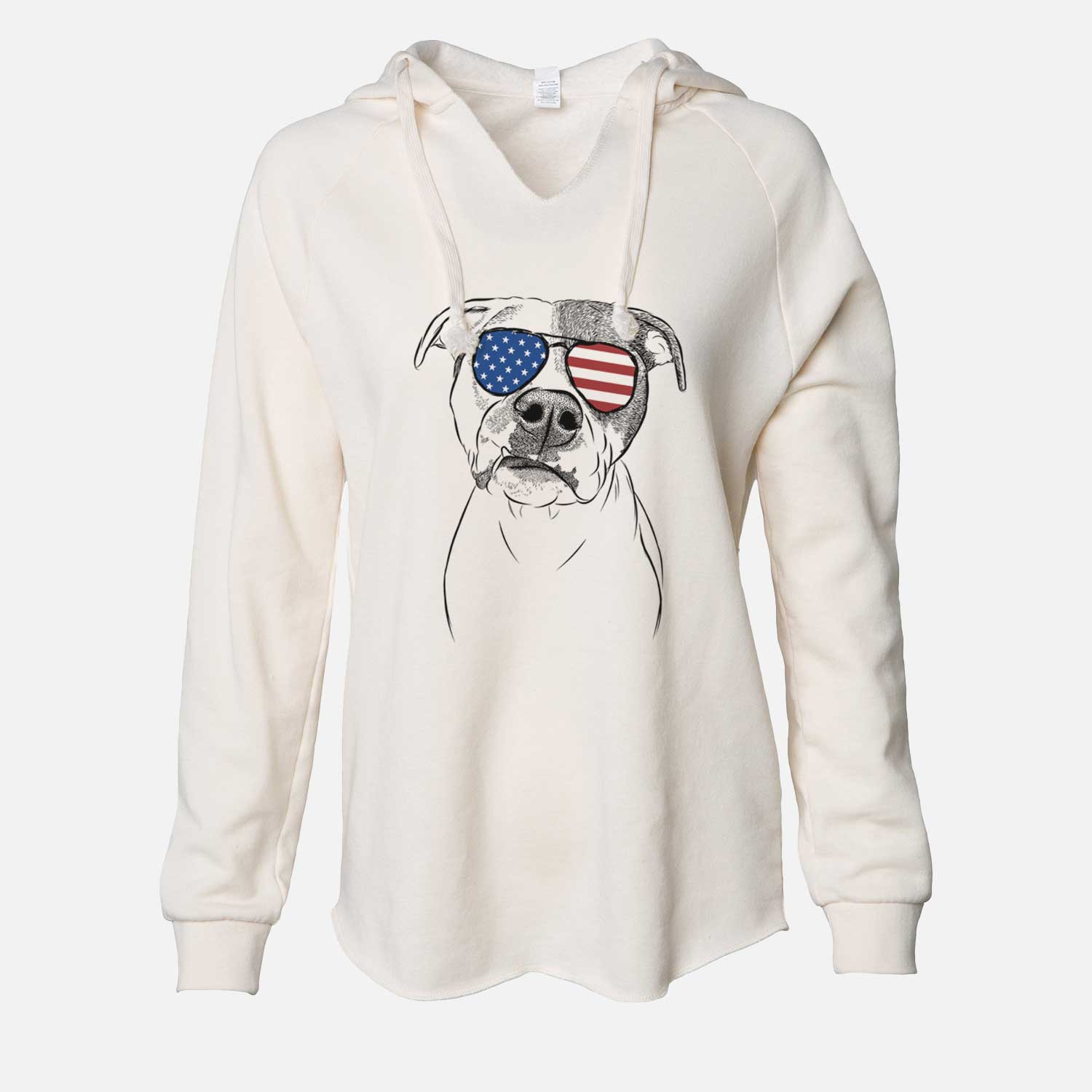 Hand-drawn sketch of Dexter the Pitbull wearing American flag sunglasses on a Bone Cali Wave Hooded Sweatshirt