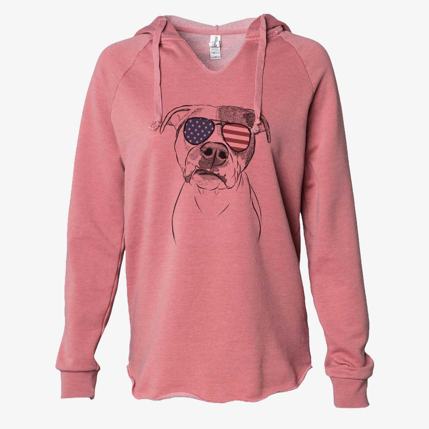 Hand-drawn sketch of Dexter the Pitbull wearing American flag sunglasses on a Dusty Rose Cali Wave Hooded Sweatshirt