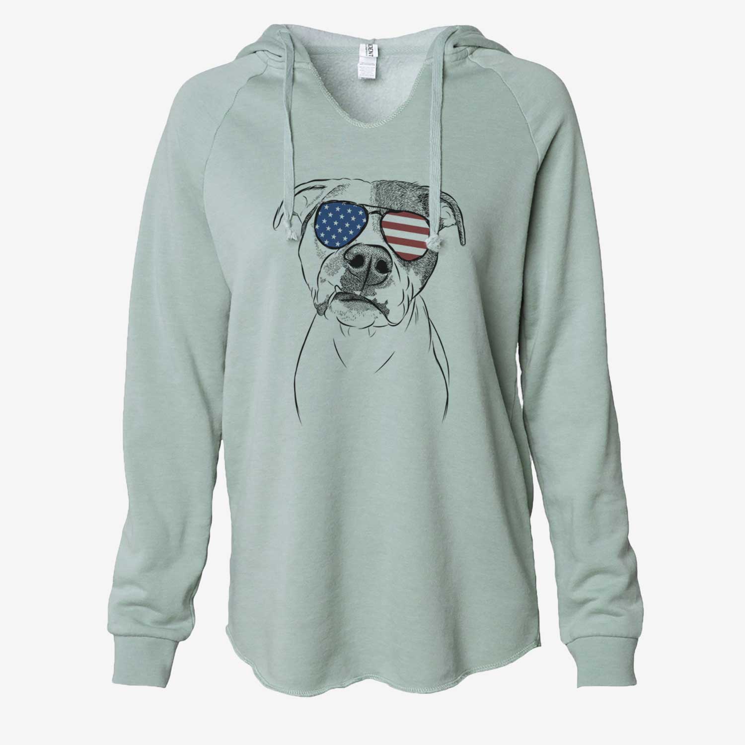 Hand-drawn sketch of Dexter the Pitbull wearing American flag sunglasses on a Sage Cali Wave Hooded Sweatshirt