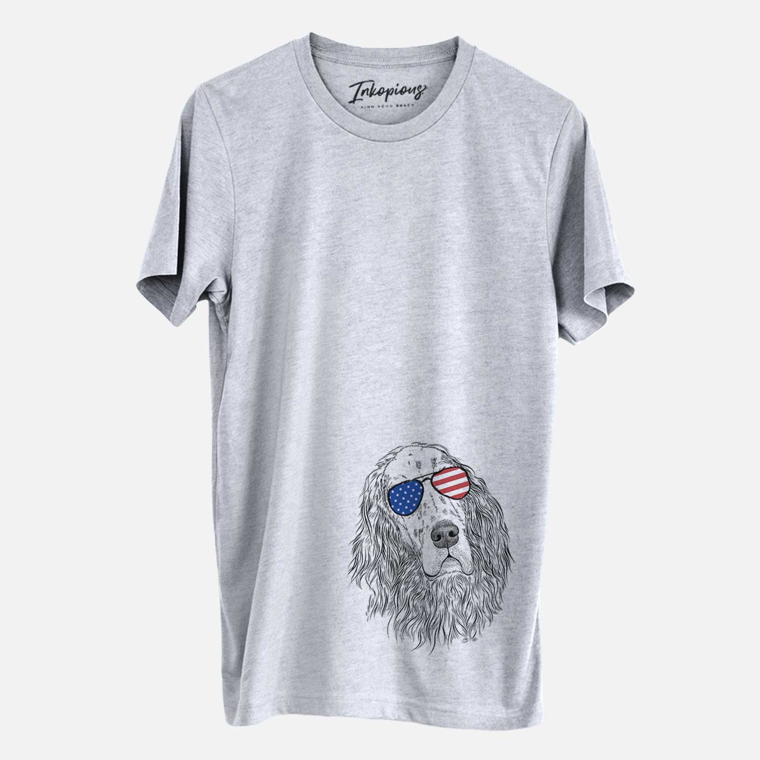 Hand-drawn sketch of Dexter the English Setter wearing American flag sunglasses on a Grey Unisex crewneck