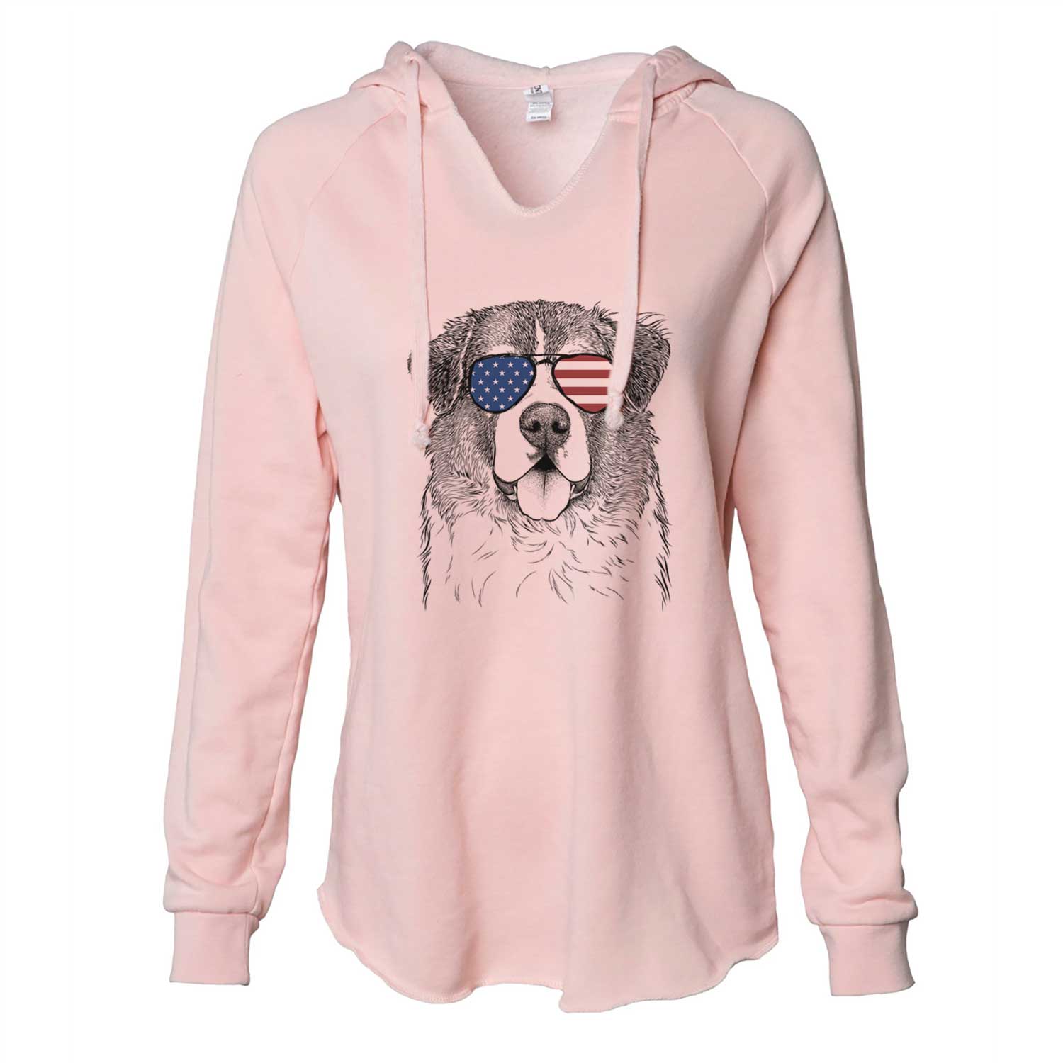 Hand-drawn sketch of Dilly the Saint Bernard wearing American flag sunglasses on a Blush Cali Wave Hooded Sweatshirt